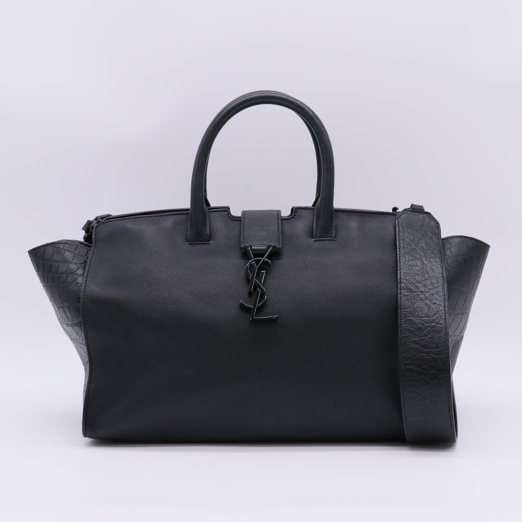 Saint Laurent Monogram Downtown Cabas Bag in Black Smooth Leather and Croc-Embossed Leather twins LDJ5645