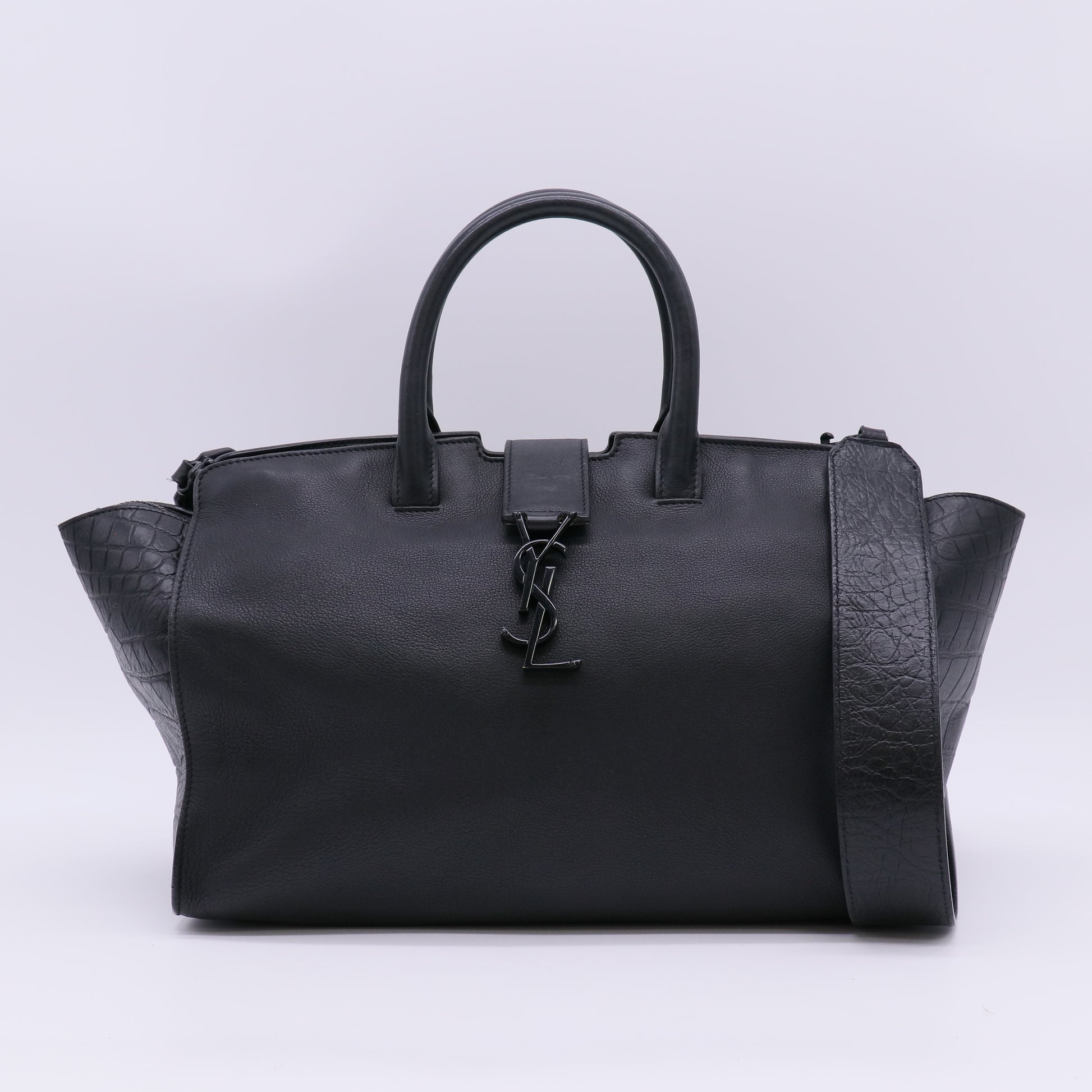 Saint Laurent Monogram Downtown Cabas Bag in Black Smooth Leather and Croc-Embossed Leather twins LDJ5645