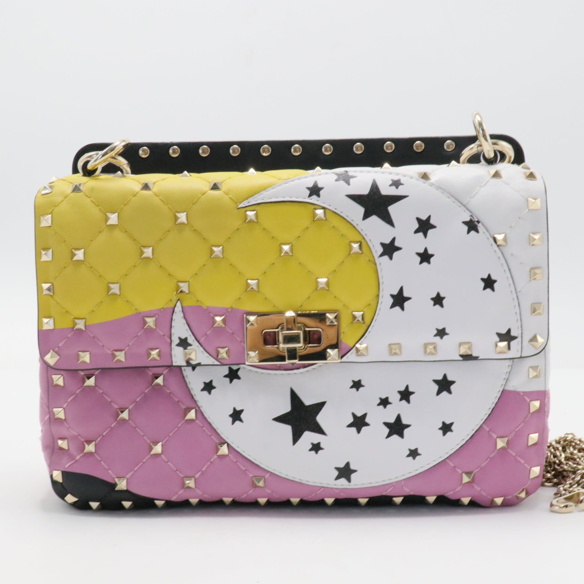 Lambskin Medium Moon And Stars Rockstud Spike Shoulder Bag White Yellow Pink
