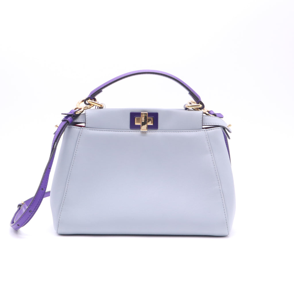 Fendi Mini Peekaboo Light Blue Purple Trim Leather Handbag Crossbody Strap twins LDZ436