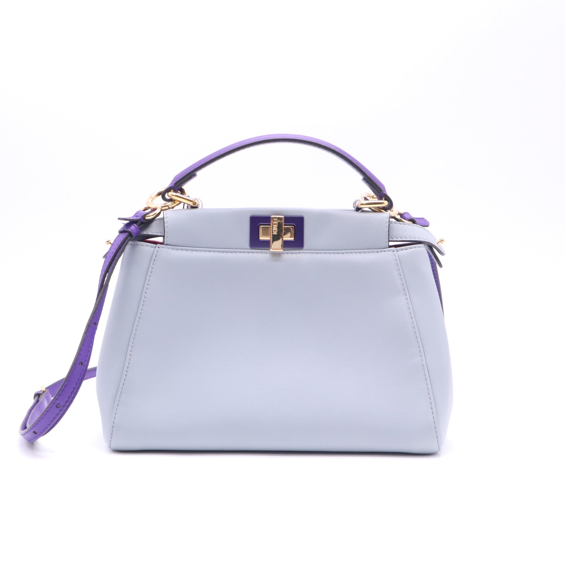 Fendi Mini Peekaboo Light Blue Purple Trim Leather Handbag Crossbody Strap twins LDZ436