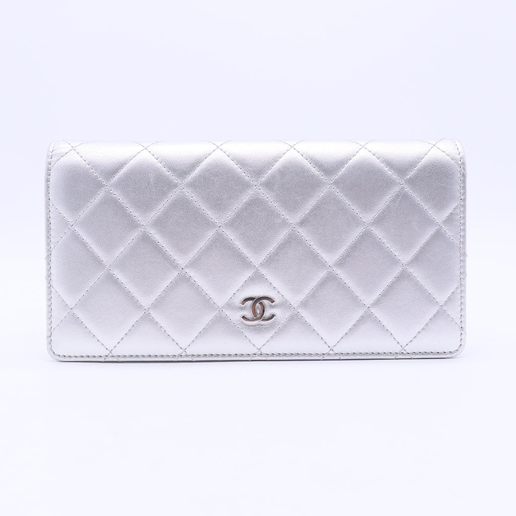 Silver Quilted Lambskin Leather CC L Yen Wallet