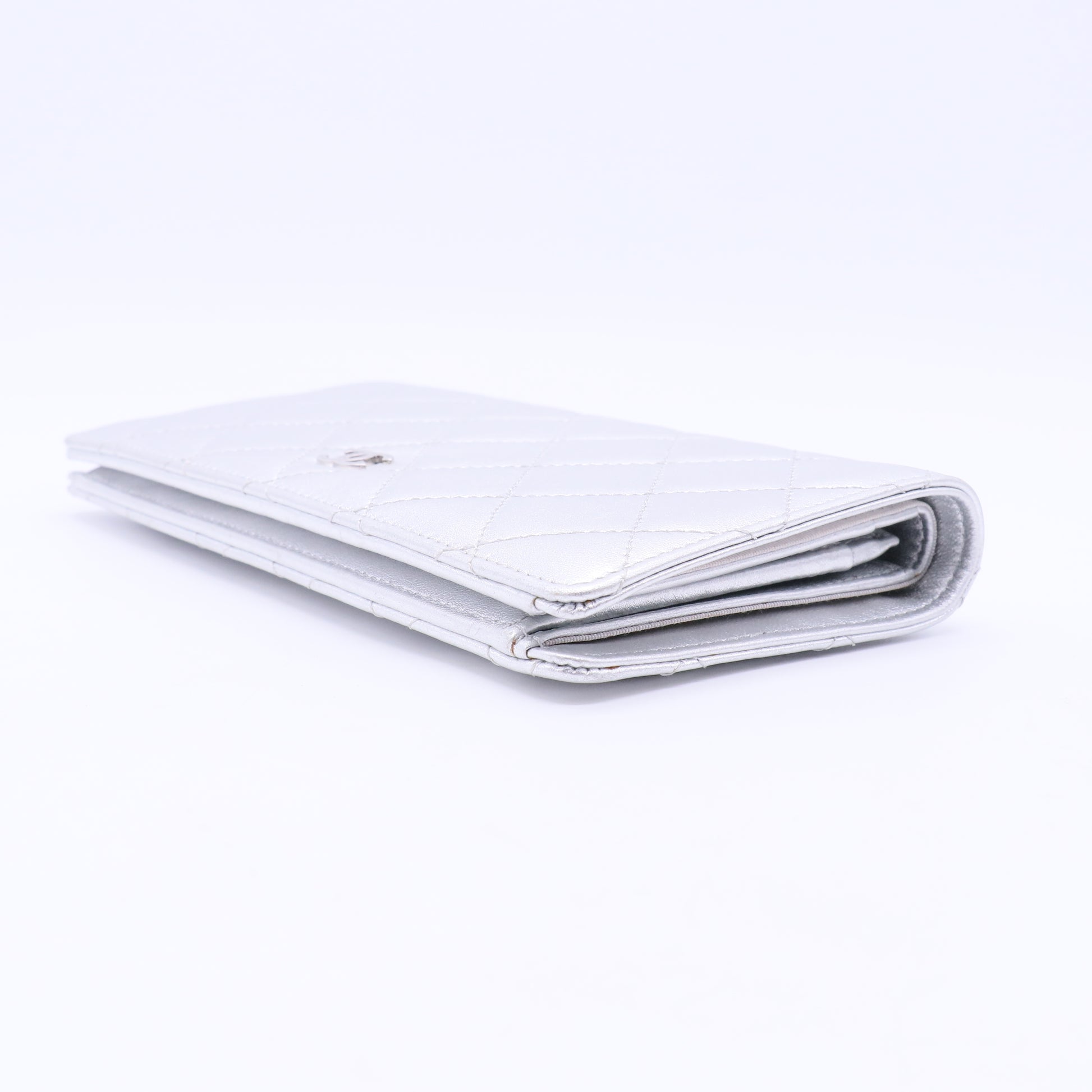 Silver Quilted Lambskin Leather CC L Yen Wallet