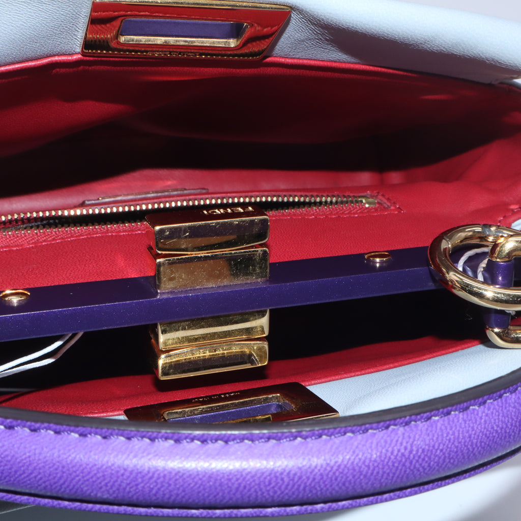 Fendi Mini Peekaboo Light Blue Purple Trim Leather Handbag Crossbody Strap twins LDZ436