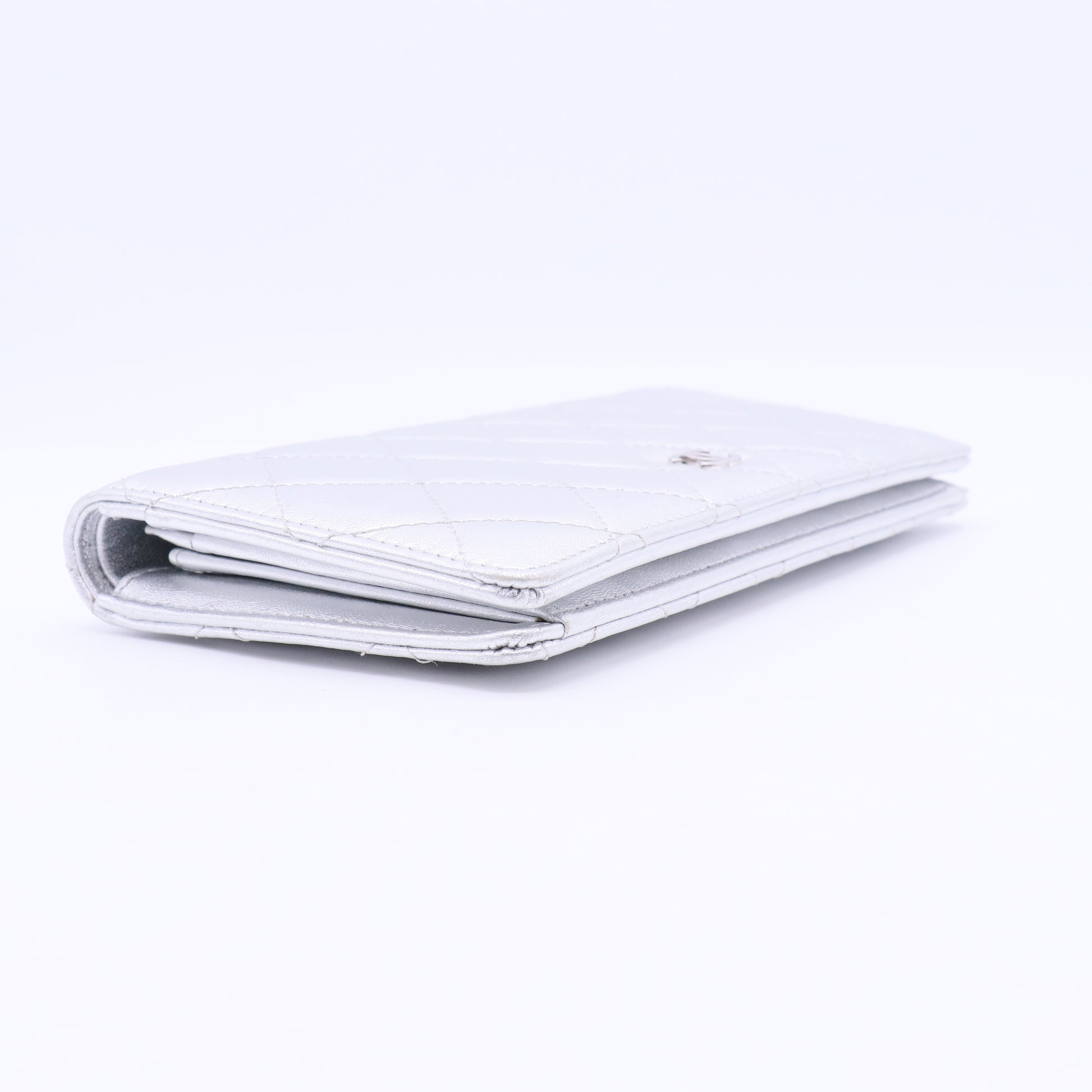 Silver Quilted Lambskin Leather CC L Yen Wallet