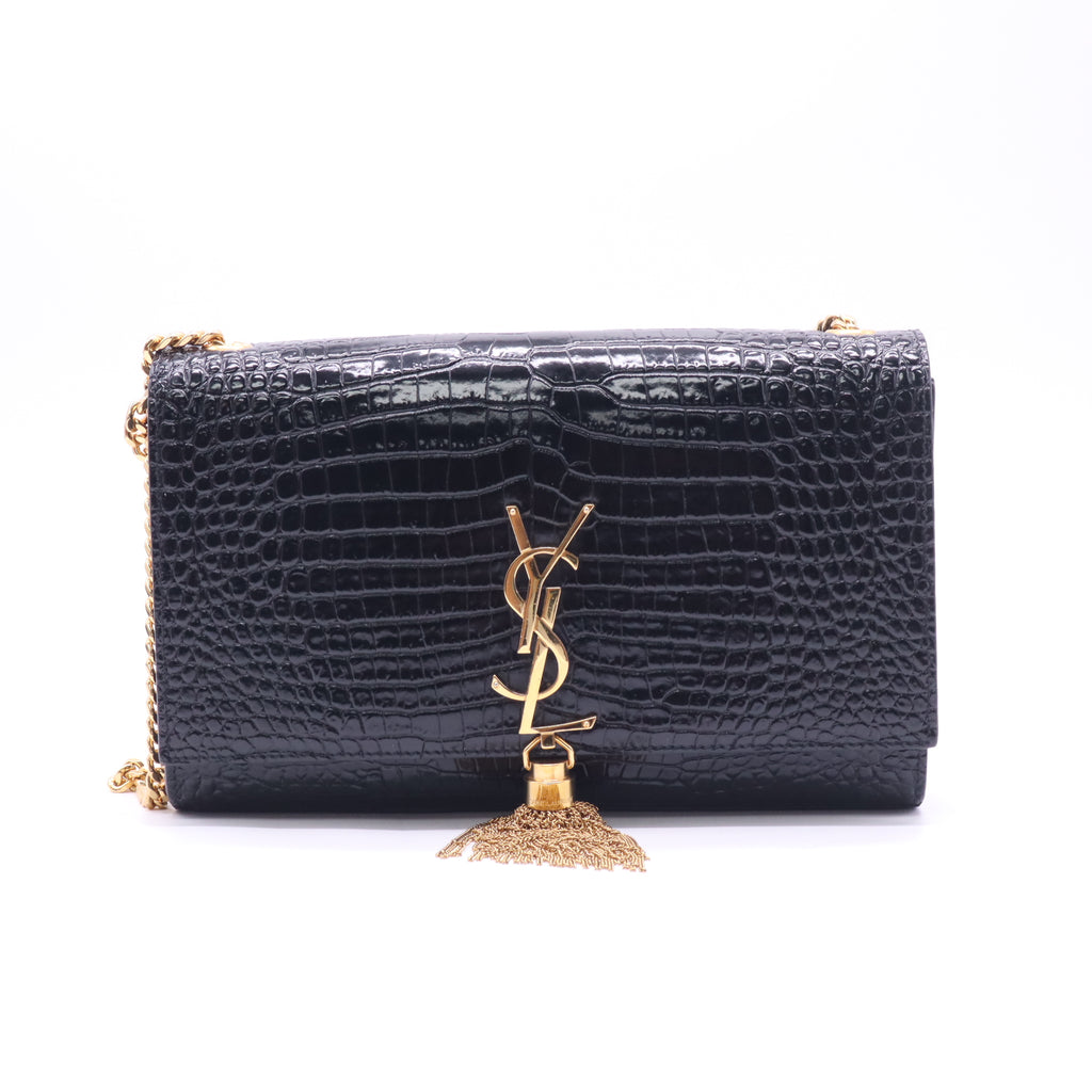 YSL Kate Medium Black Croc Embossed Leather Tassel Shoulder Bag twins LDZ430