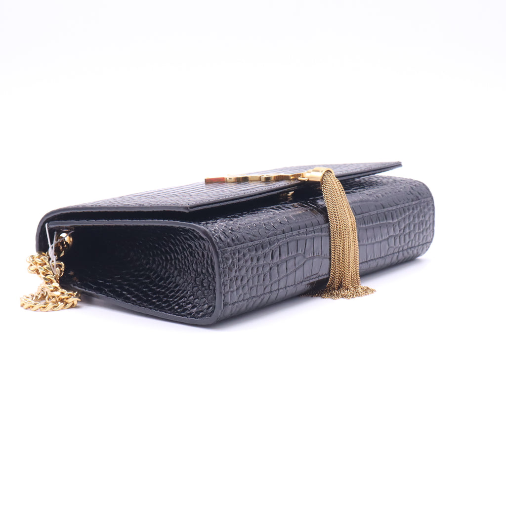 YSL Kate Medium Black Croc Embossed Leather Tassel Shoulder Bag twins LDZ430