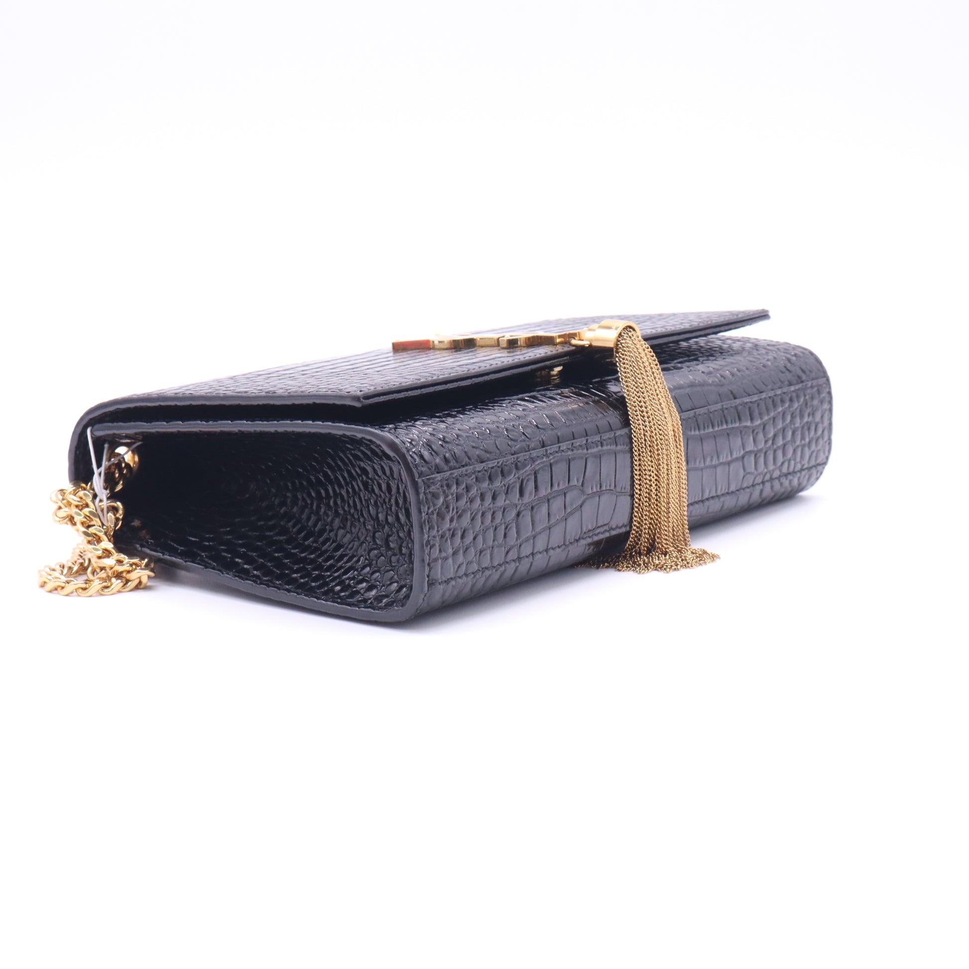 YSL Kate Medium Black Croc Embossed Leather Tassel Shoulder Bag twins LDZ430