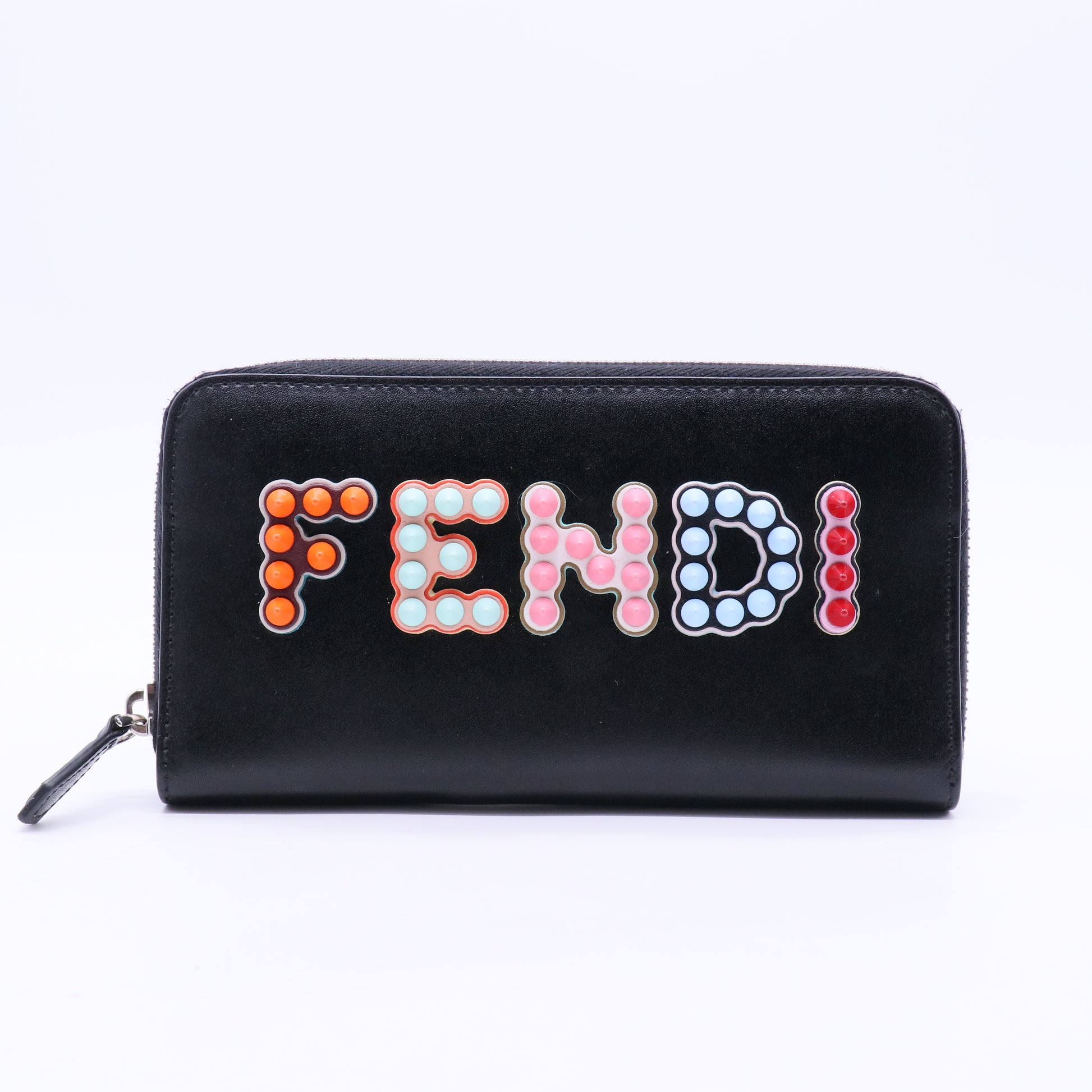 Round zip wallet studded leather black multicolor