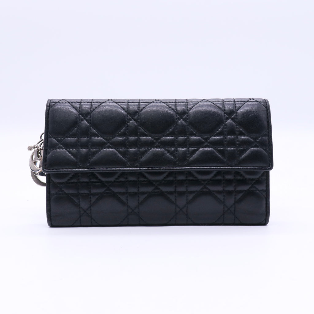 Christian Dior Black Cannage Quilted Lambskin Leather Long Flap Wallet twins LDJ3673