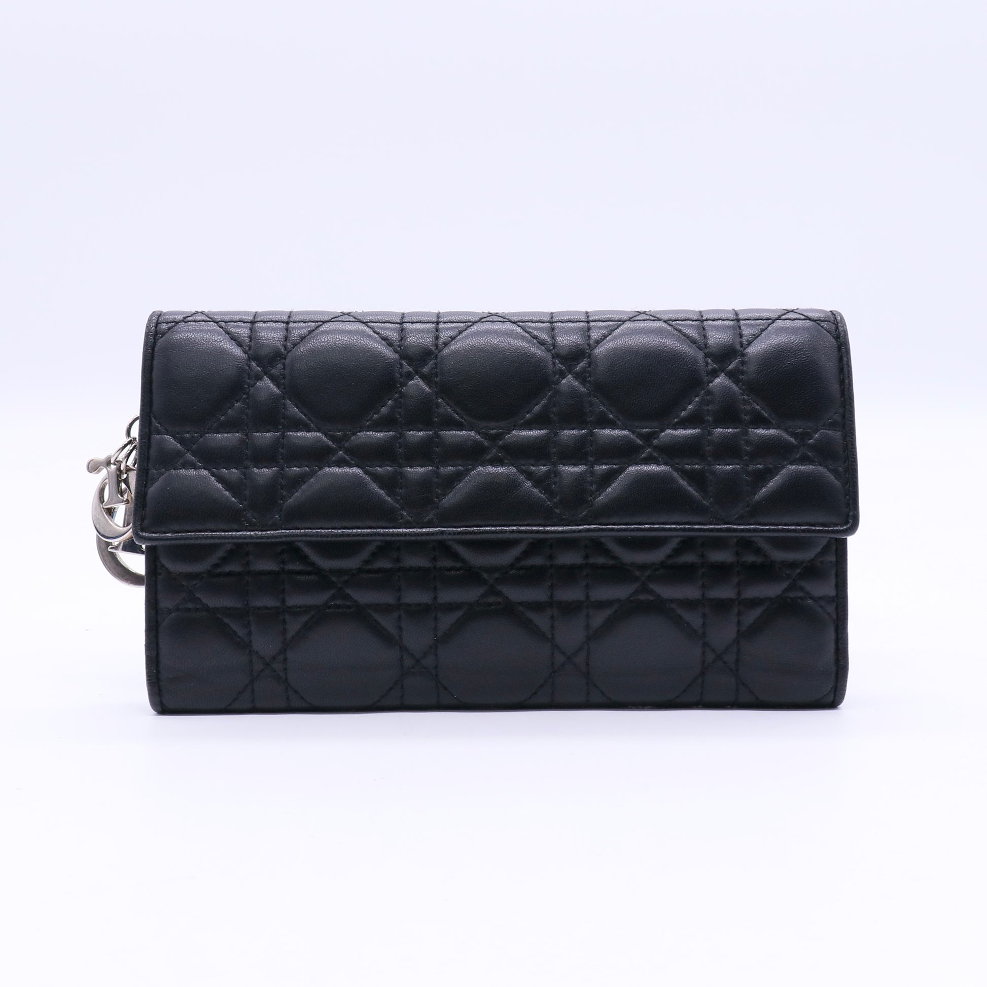 Christian Dior Black Cannage Quilted Lambskin Leather Long Flap Wallet twins LDJ3673