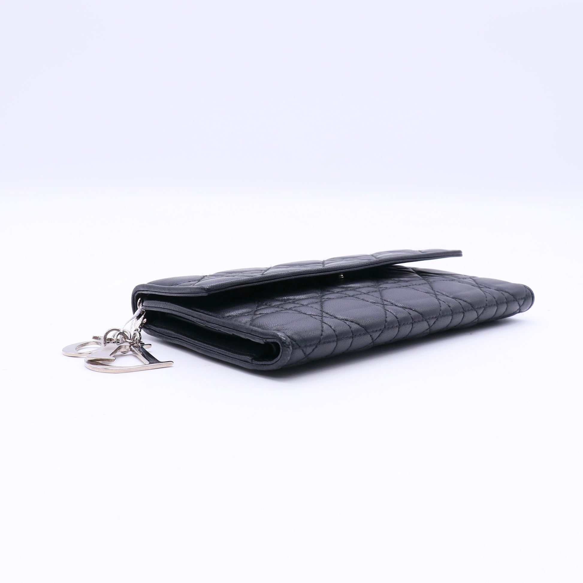 Christian Dior Black Cannage Quilted Lambskin Leather Long Flap Wallet twins LDJ3673