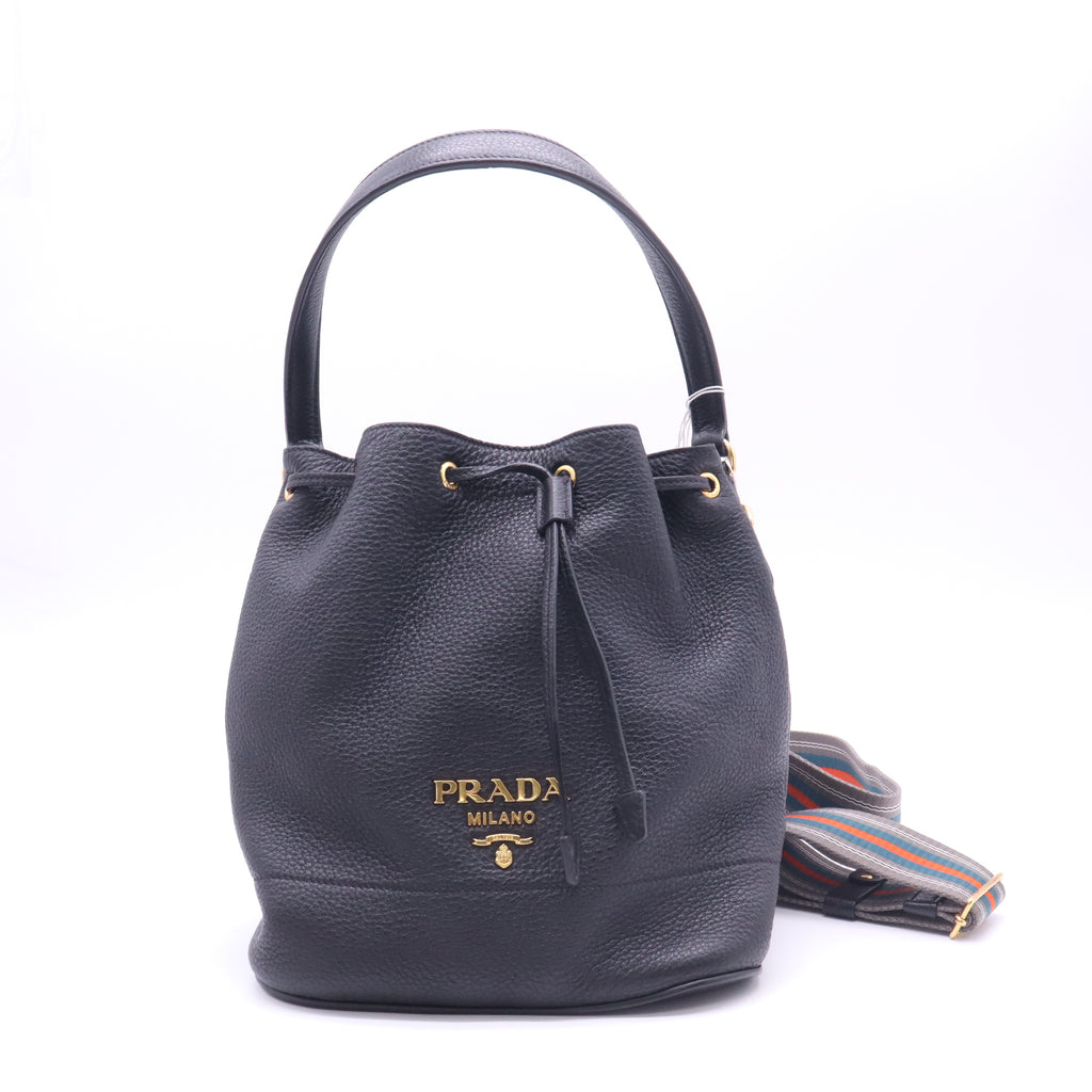 Prada Black Grained Leather Bucket Bag Dual Shoulder Straps Included twins LDZ434