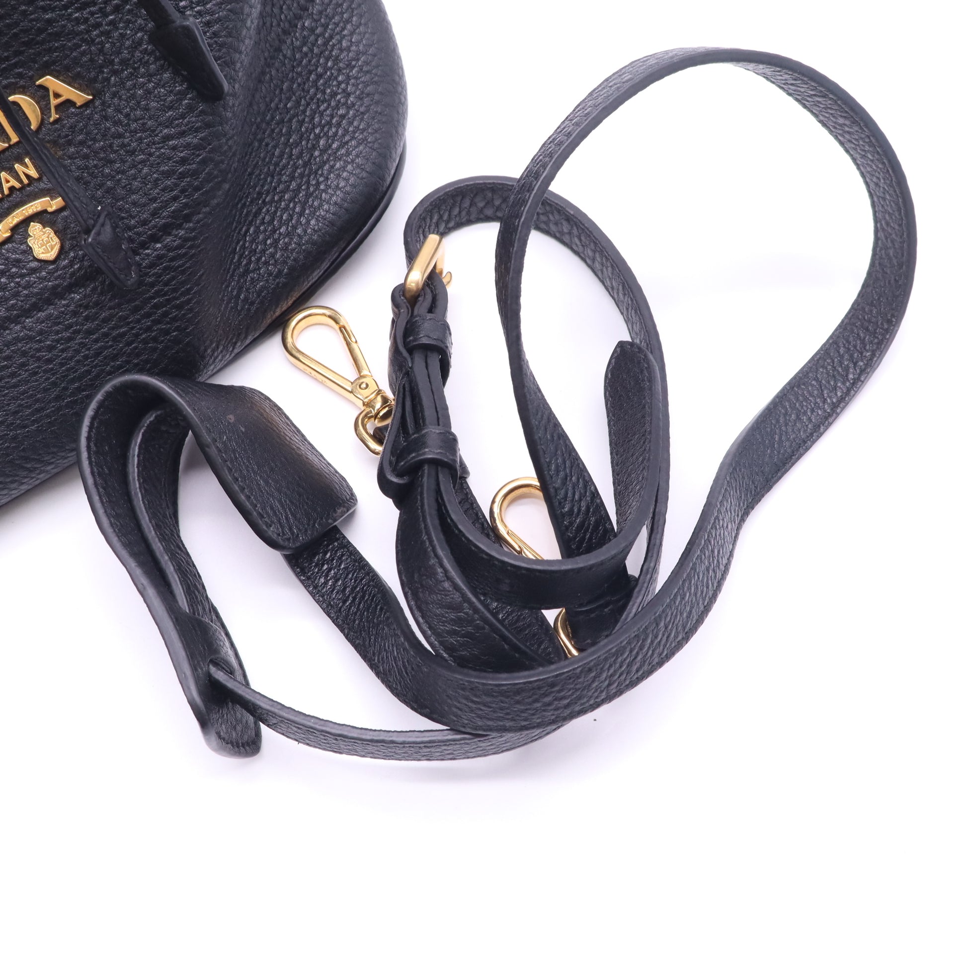 Prada Black Grained Leather Bucket Bag Dual Shoulder Straps Included twins LDZ434