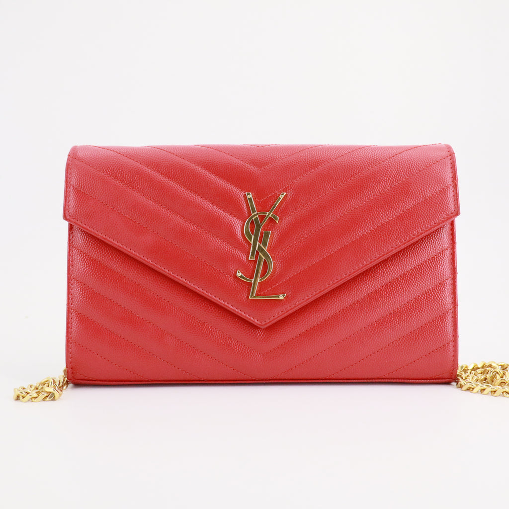 Grain De Poudre Matelasse Chevron Monogram Envelope Chain Wallet Red Twins