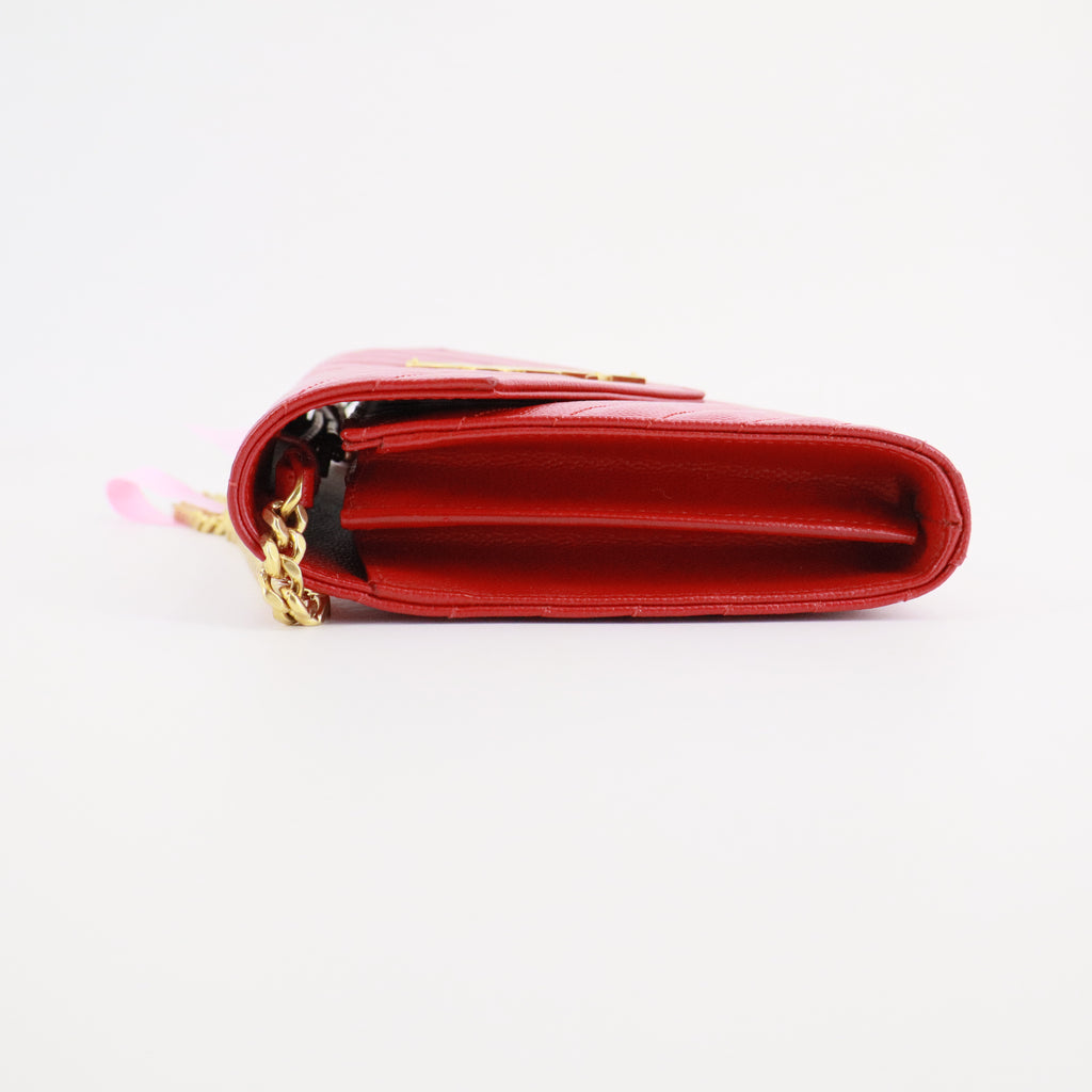 Grain De Poudre Matelasse Chevron Monogram Envelope Chain Wallet Red Twins