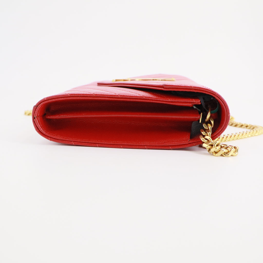 Grain De Poudre Matelasse Chevron Monogram Envelope Chain Wallet Red Twins