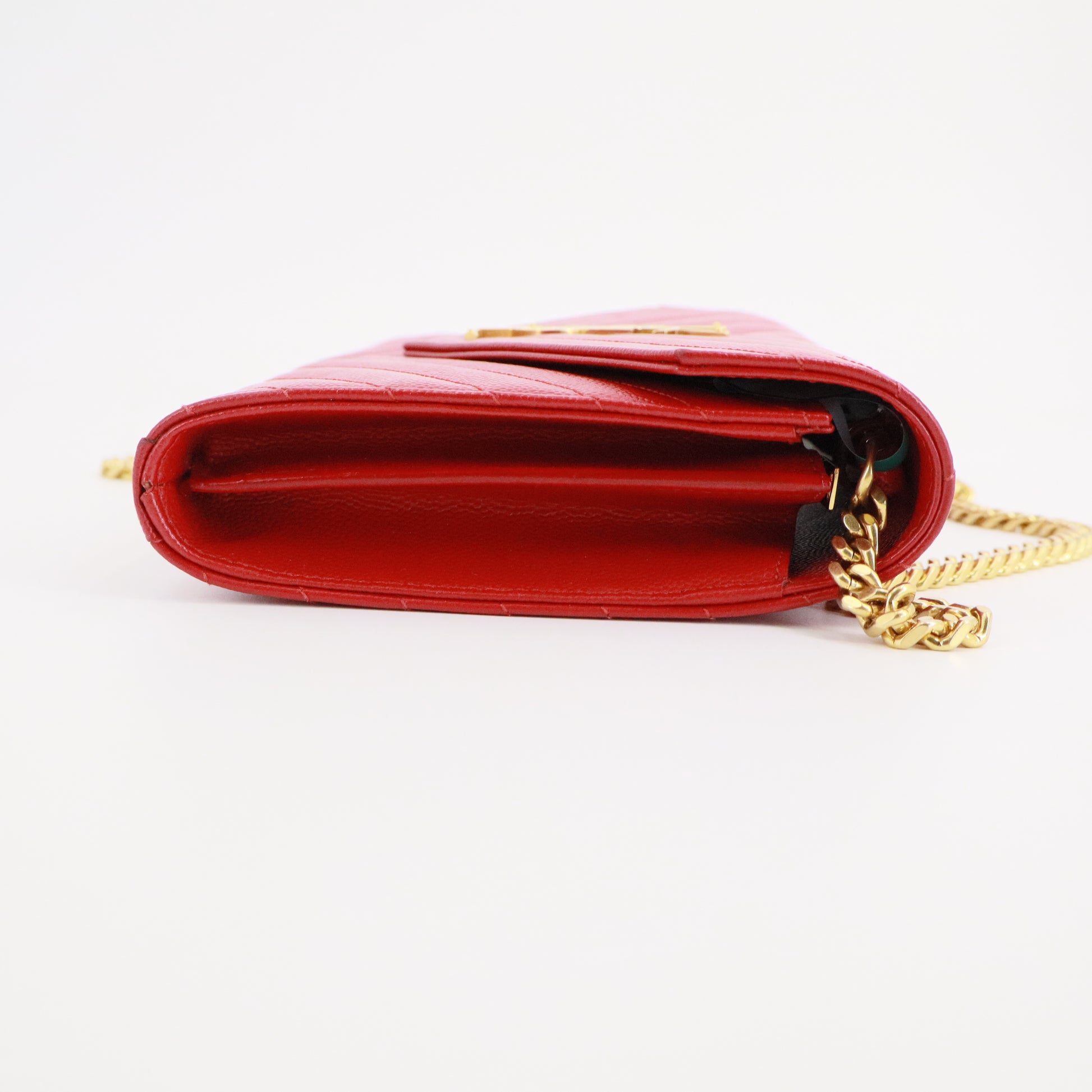 Grain De Poudre Matelasse Chevron Monogram Envelope Chain Wallet Red Twins