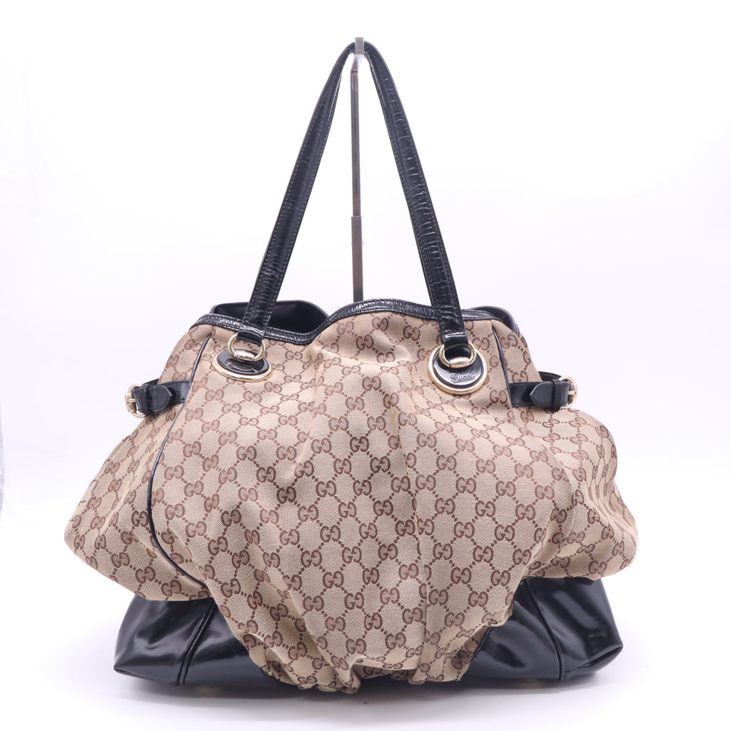 Gucci Sukey Large GG Canvas Black Patent Leather Shoulder Tote Bag twins LDZ432