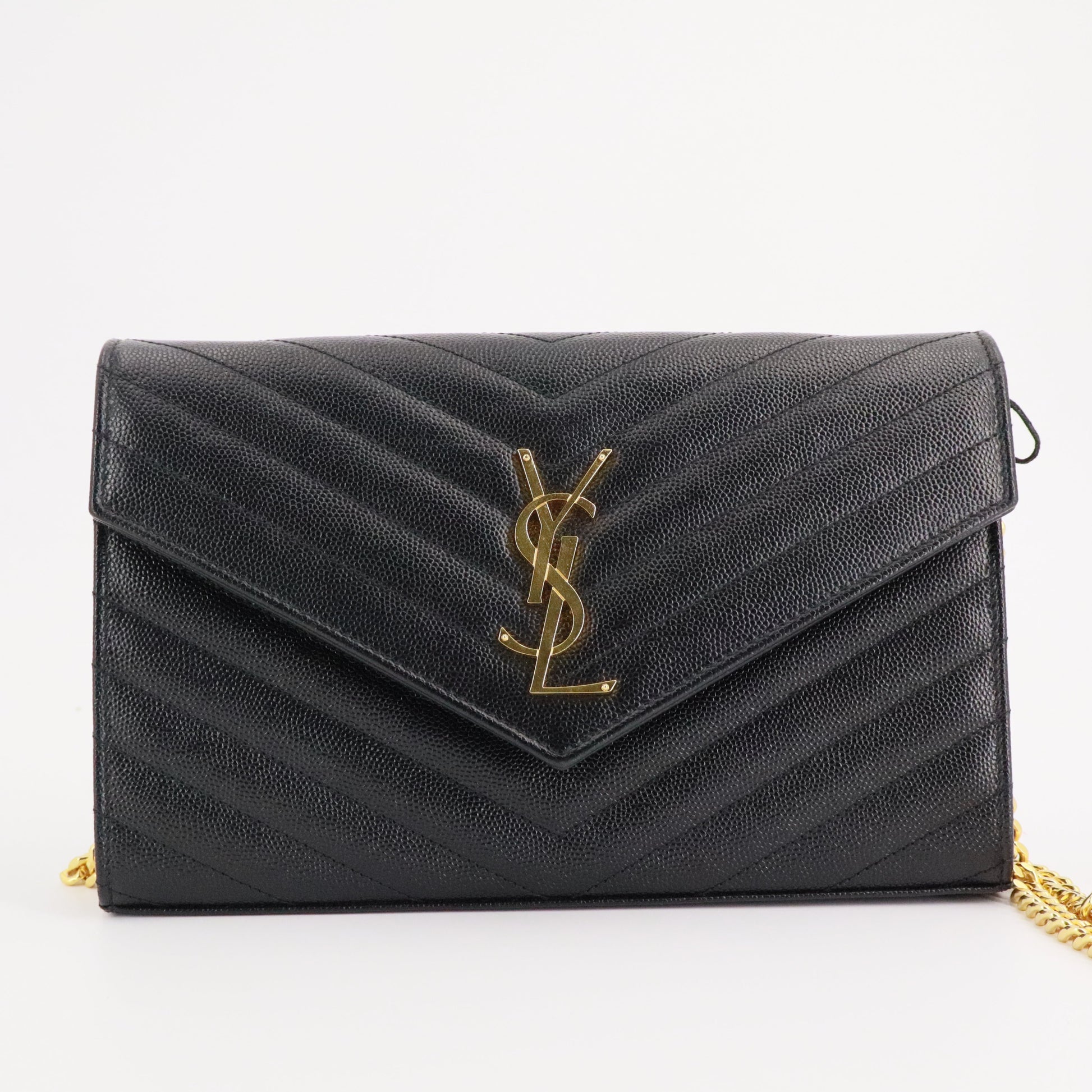 Grain De Poudre Matelasse Chevron Monogram Envelope Chain Wallet Black Twins