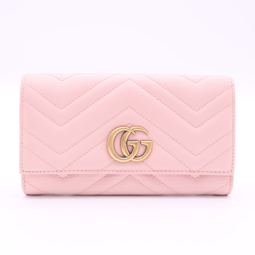 GUCCI Authentic GG Marmont Dusty Pink Leather Continental Flap Wallet with Gold-Tone Hardware Quilted Chevron Pattern twins