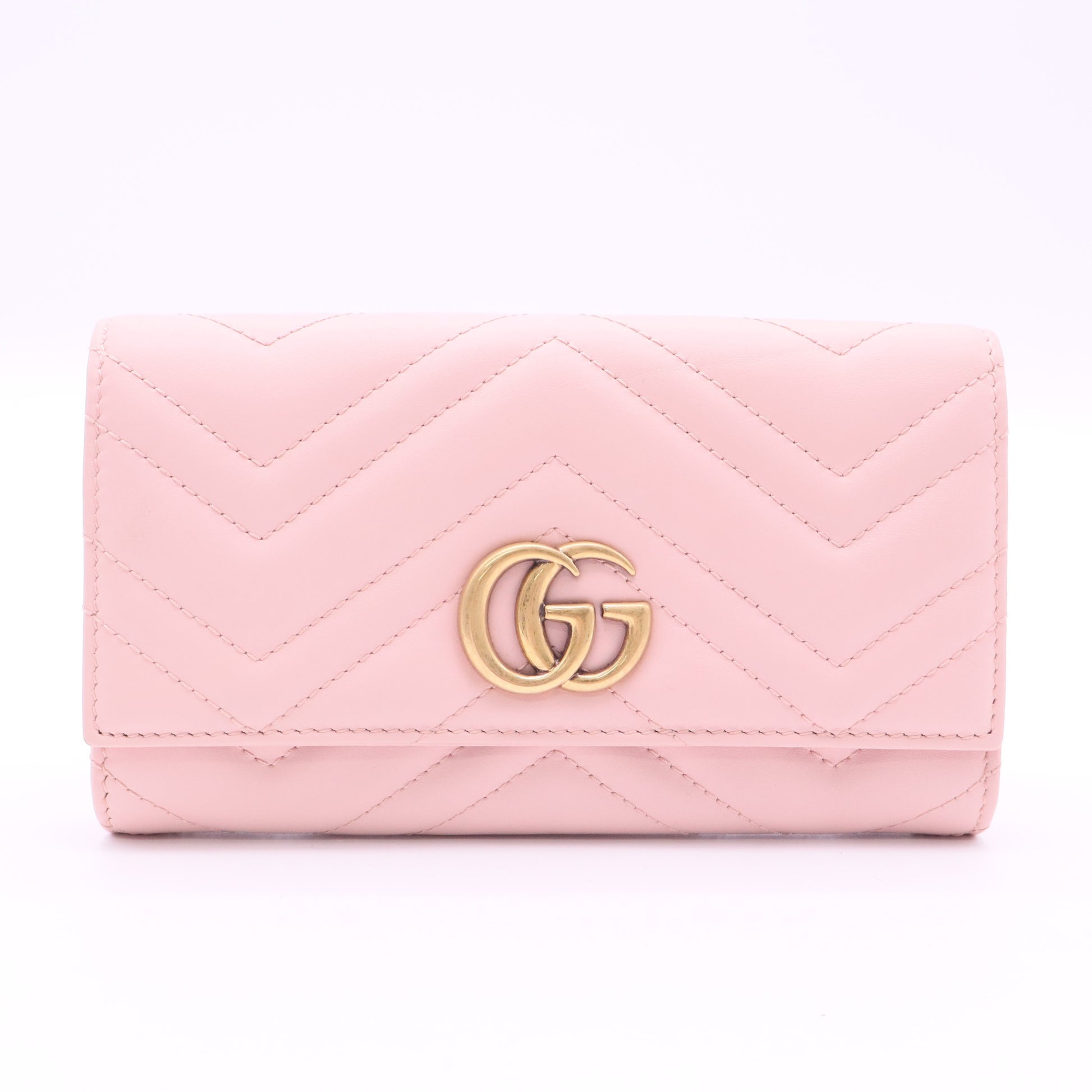 GUCCI Authentic GG Marmont Dusty Pink Leather Continental Flap Wallet with Gold-Tone Hardware Quilted Chevron Pattern twins