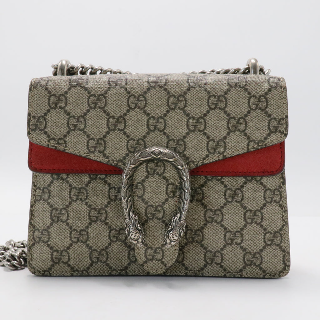 GG Supreme Monogram Suede Mini Dionysus Shoulder Bag Beige Ebony Vulcanic Red
