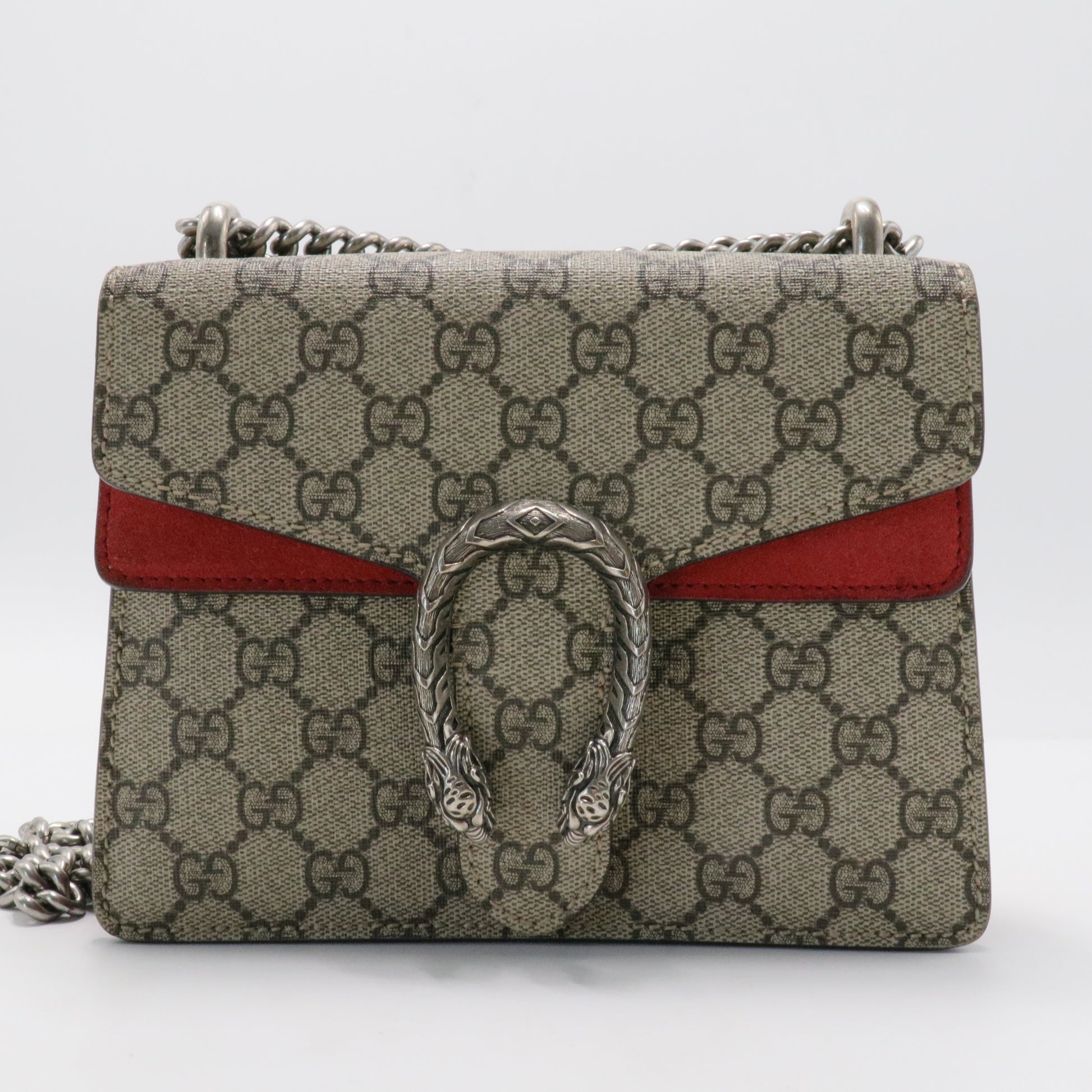 GG Supreme Monogram Suede Mini Dionysus Shoulder Bag Beige Ebony Vulcanic Red