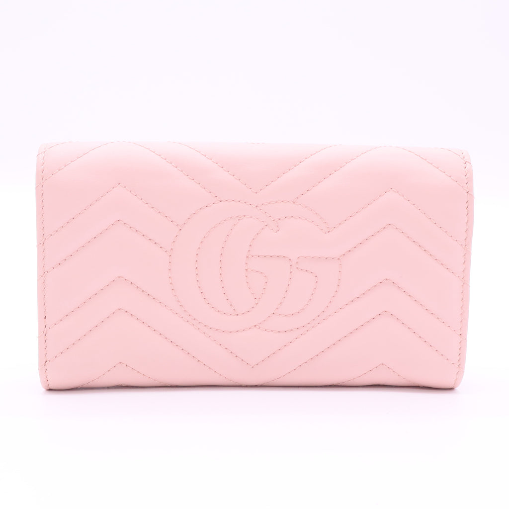 GUCCI Authentic GG Marmont Dusty Pink Leather Continental Flap Wallet with Gold-Tone Hardware Quilted Chevron Pattern twins