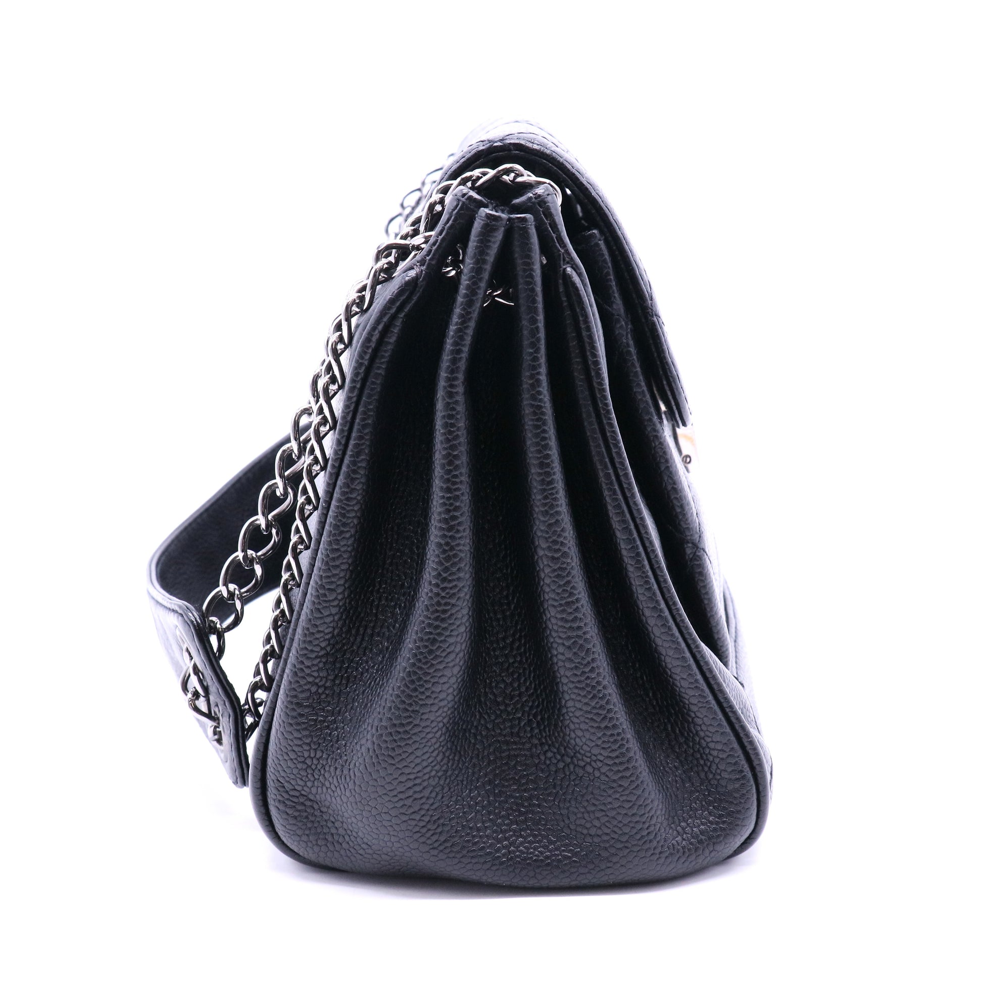 Accordion Push Lock Flap Bag Quilted Caviar Small