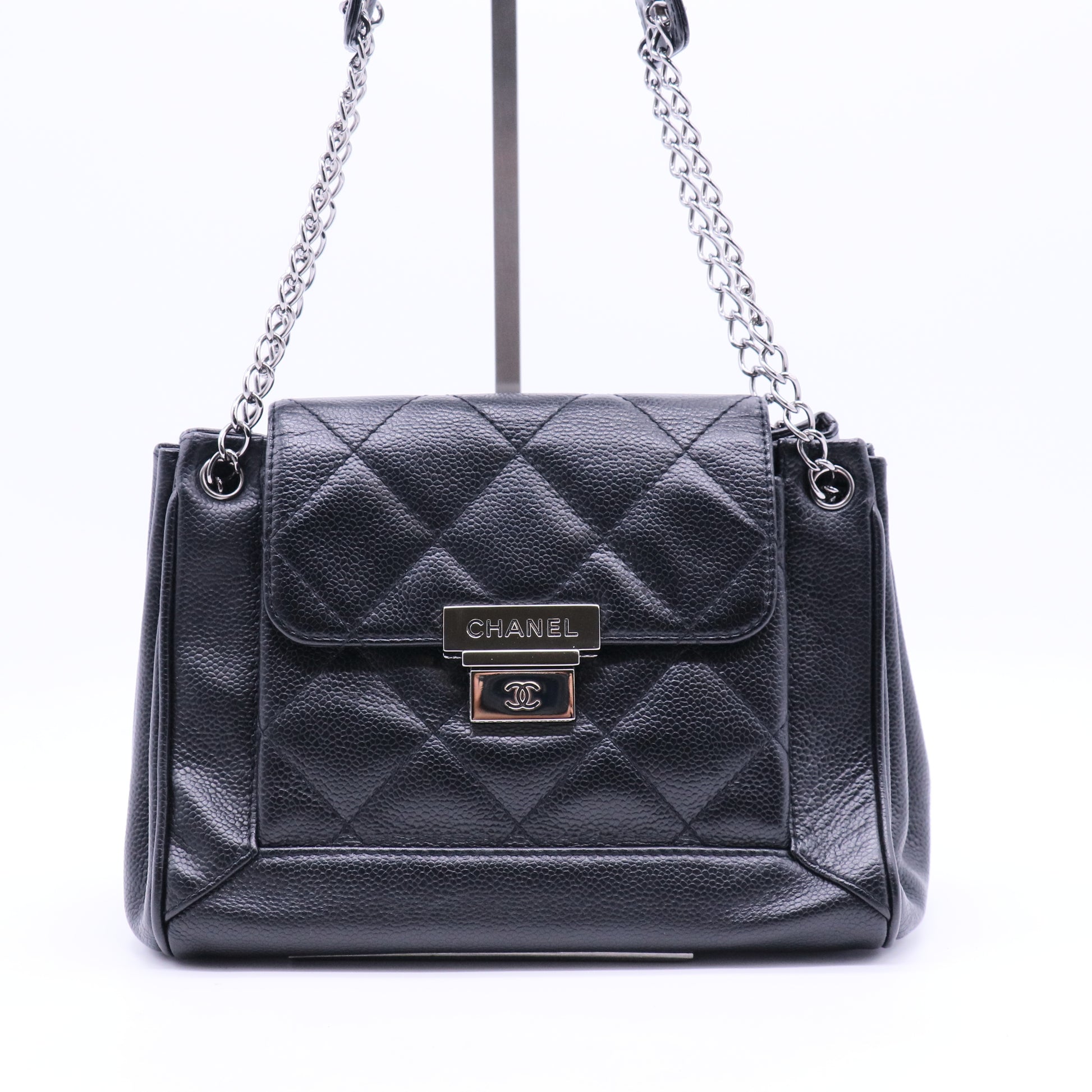 Accordion Push Lock Flap Bag Quilted Caviar Small
