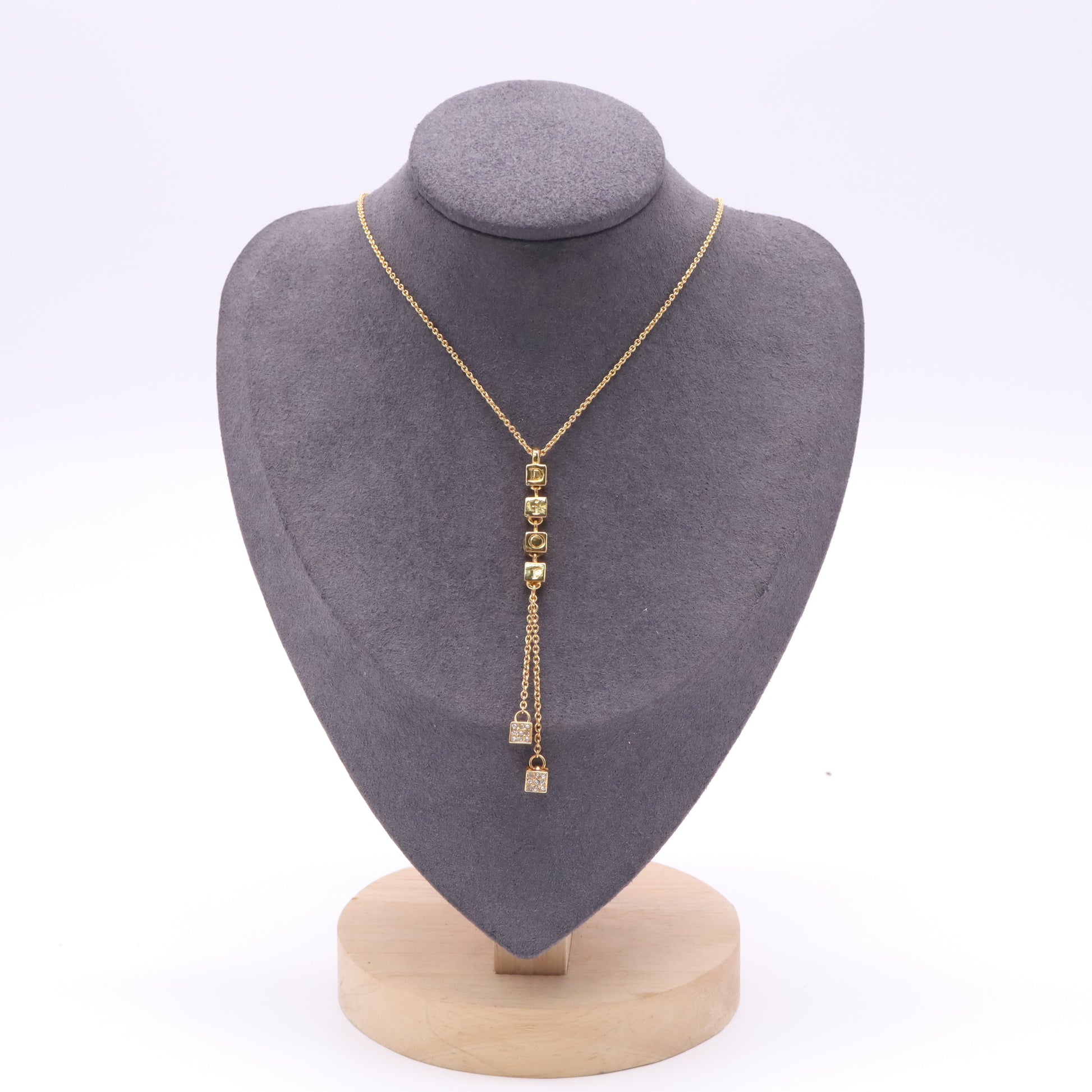 Christian Dior Vintage Gold-Tone Letter Cube Rhinestone Lock Tassel Lariat Necklace twins LDJ4987