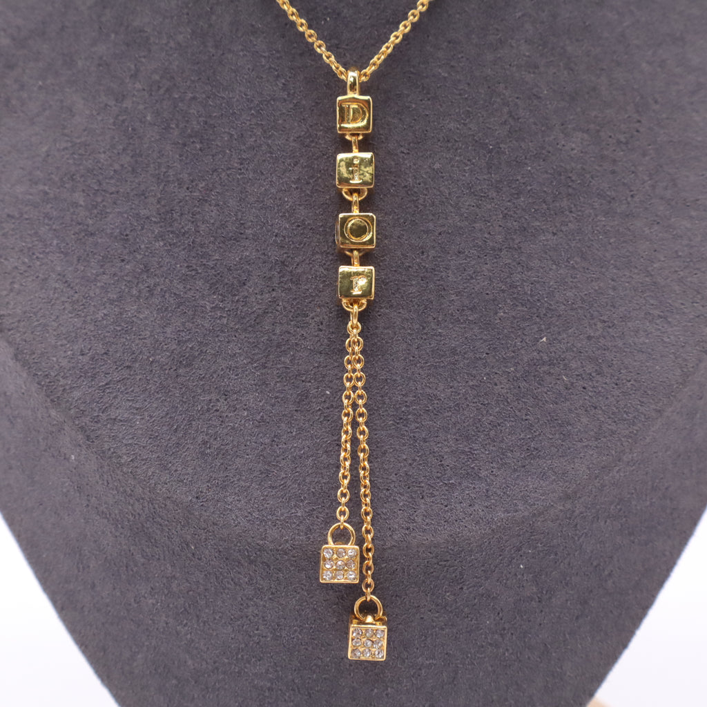 Christian Dior Vintage Gold-Tone Letter Cube Rhinestone Lock Tassel Lariat Necklace twins LDJ4987
