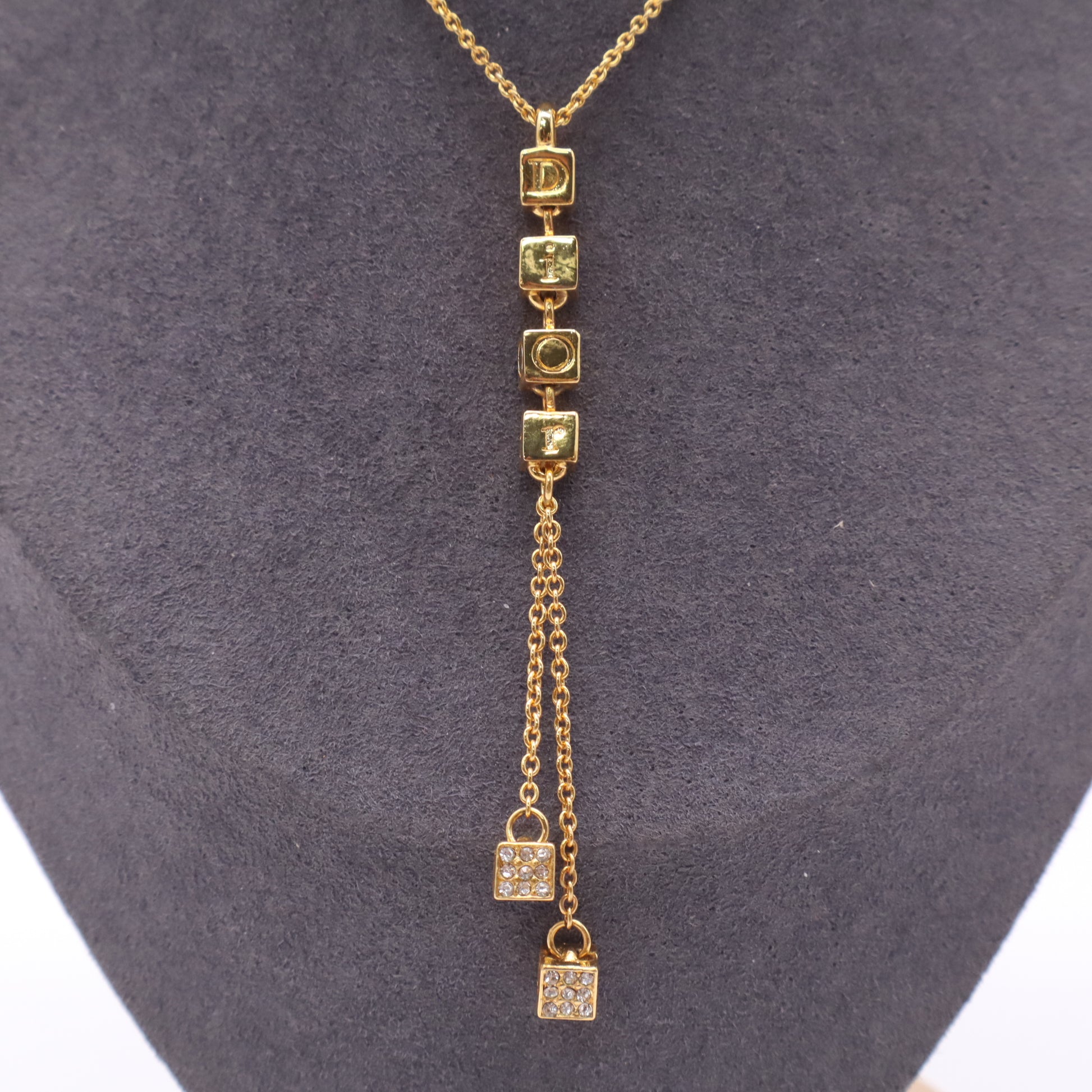 Christian Dior Vintage Gold-Tone Letter Cube Rhinestone Lock Tassel Lariat Necklace twins LDJ4987