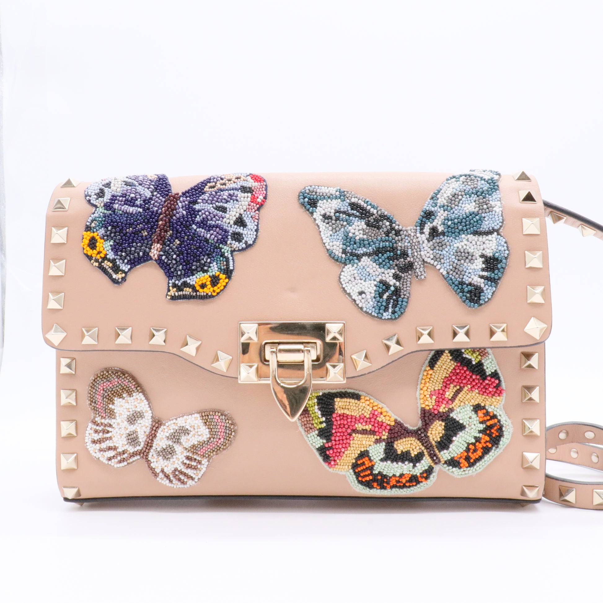 Beaded Butterfly Leather Shoulder Bag