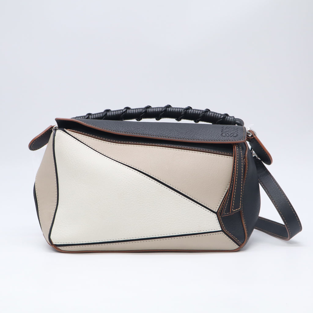 Loewe Puzzle Small Bag 'Light Oat/Black' with Braided Handle twins LDJ5754