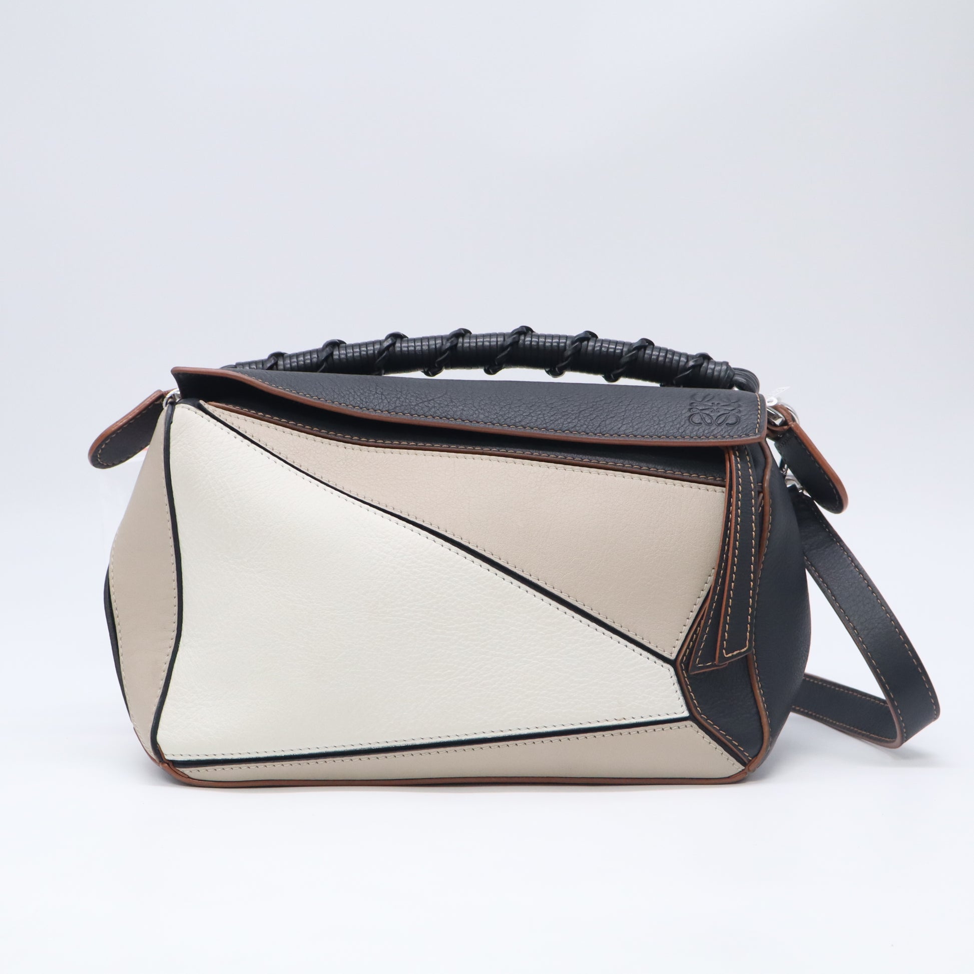 Loewe Puzzle Small Bag 'Light Oat/Black' with Braided Handle twins LDJ5754