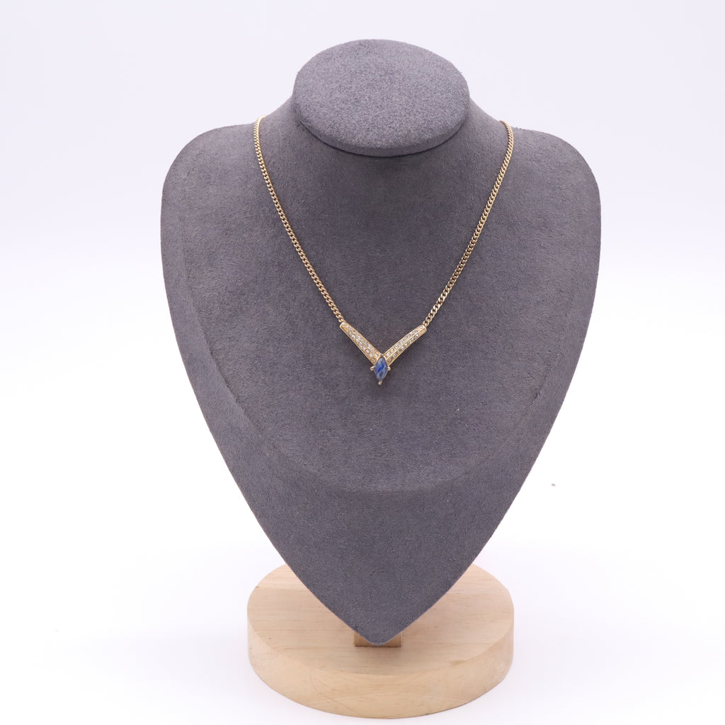 Christian Dior Vintage Gold-Tone Rhinestone Chevron V-Shape Faux Sapphire Pendant Necklace twins LDJ4988
