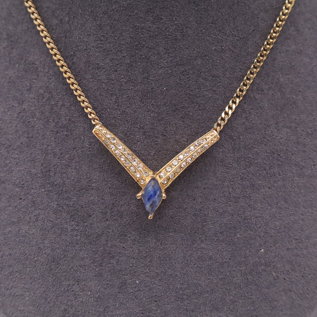 Christian Dior Vintage Gold-Tone Rhinestone Chevron V-Shape Faux Sapphire Pendant Necklace twins LDJ4988
