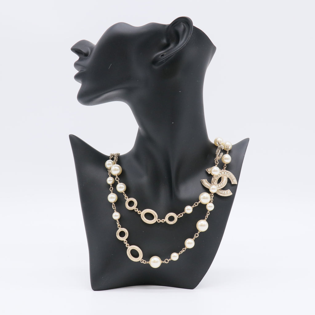 Chanel CC Faux Pearl and Crystal Long Layered Necklace W22678