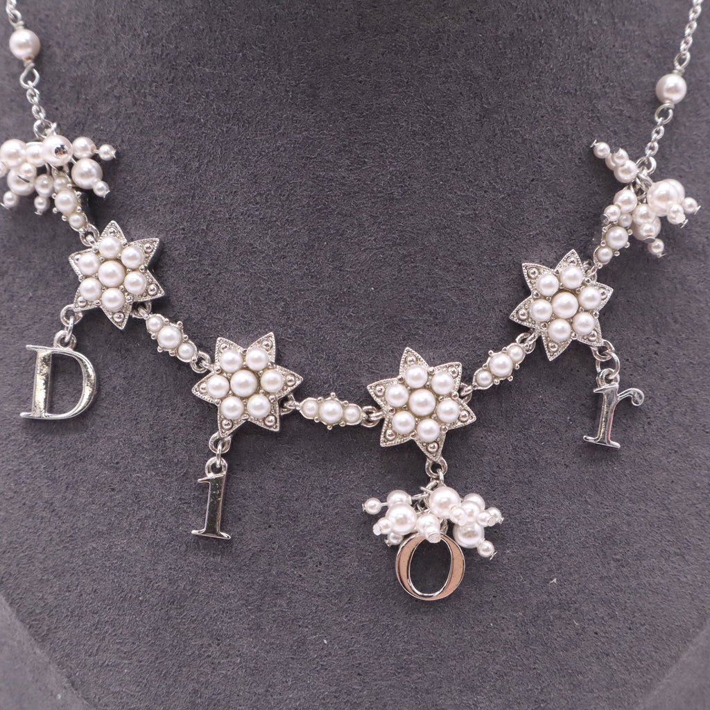 CHRISTIAN DIOR - Silver Gold Pearl Celestial Charm Necklace twins LDJ4984