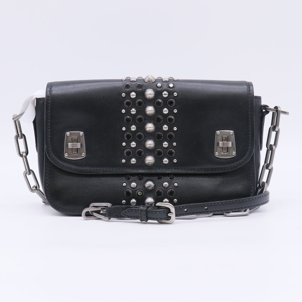 Miu Miu Black Smooth Leather Vertical Studded Double Turn-Lock Shoulder Bag B23320