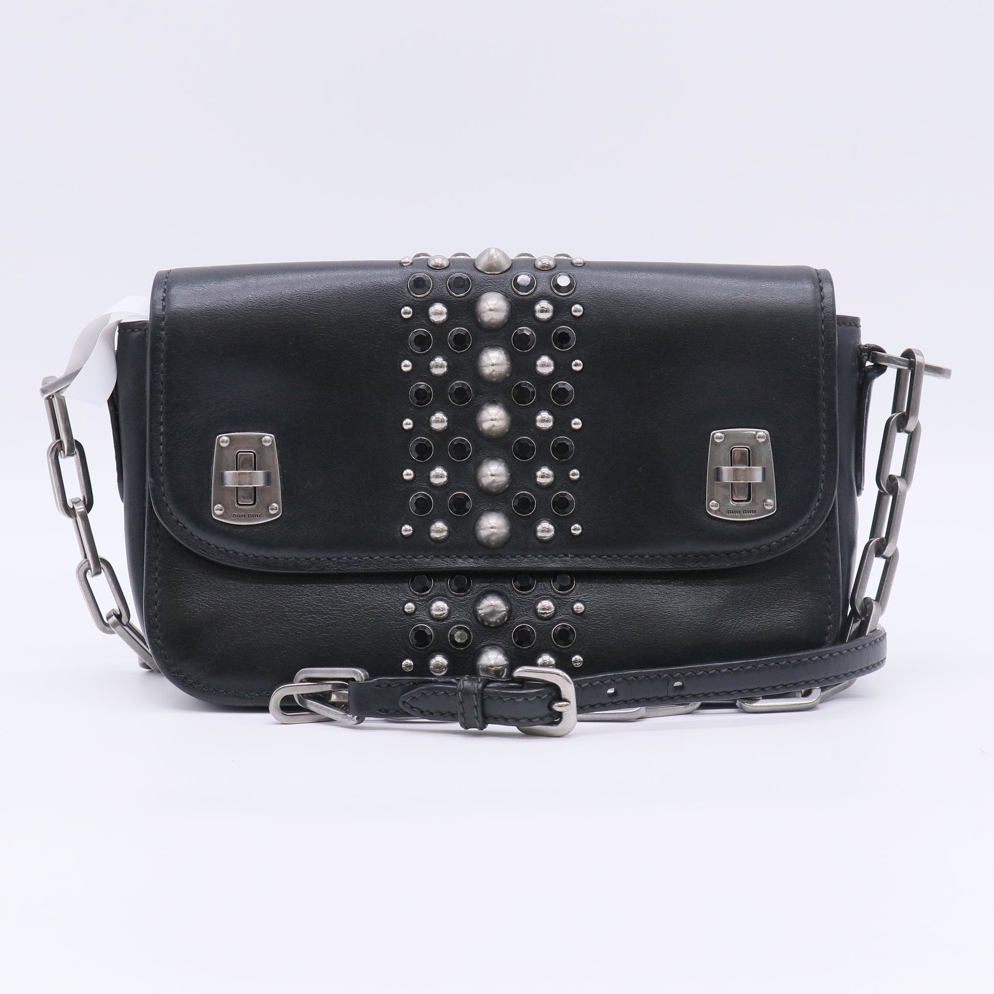 Miu Miu Black Smooth Leather Vertical Studded Double Turn-Lock Shoulder Bag B23320