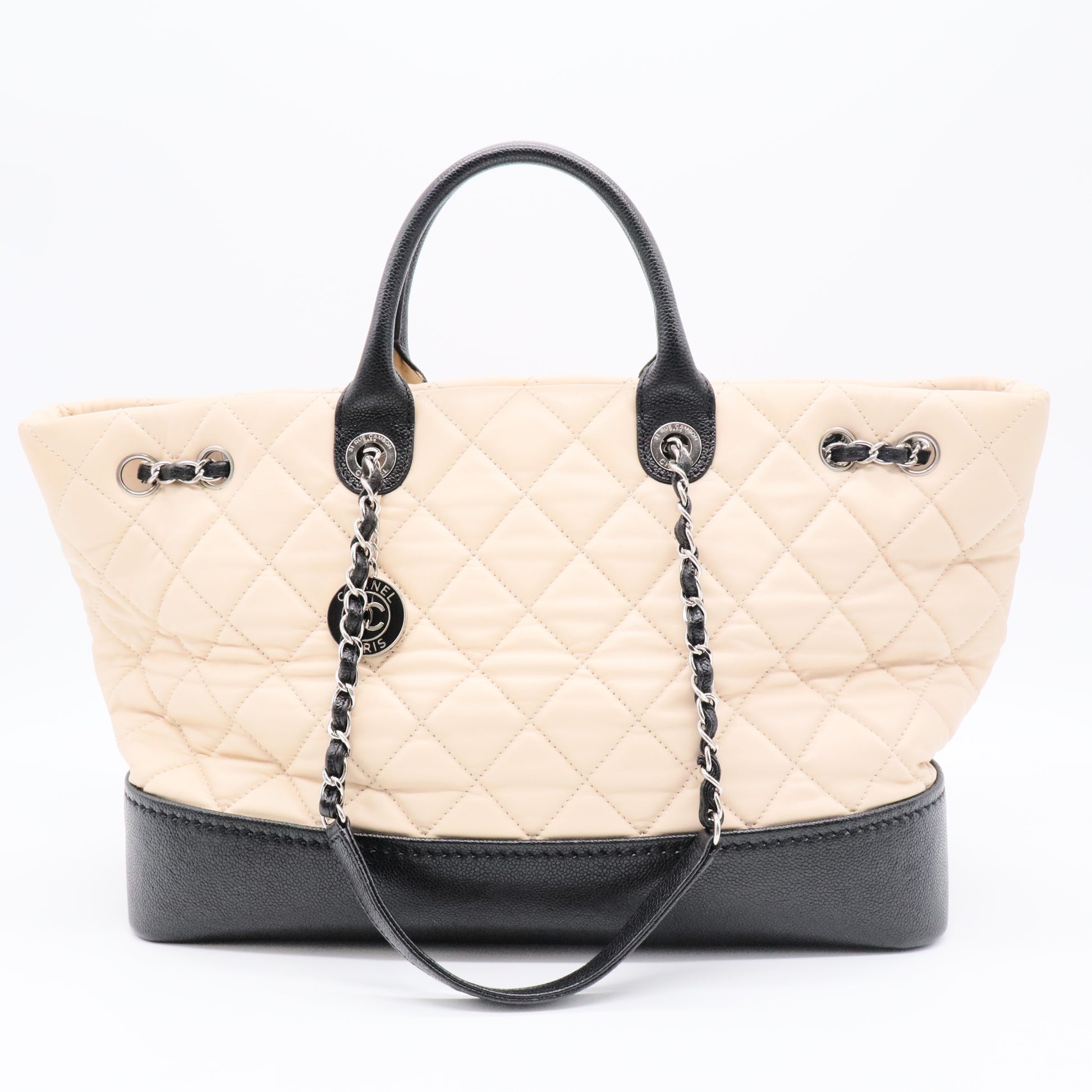 Classic black and cream leather quilted tote shoulder bag Beige