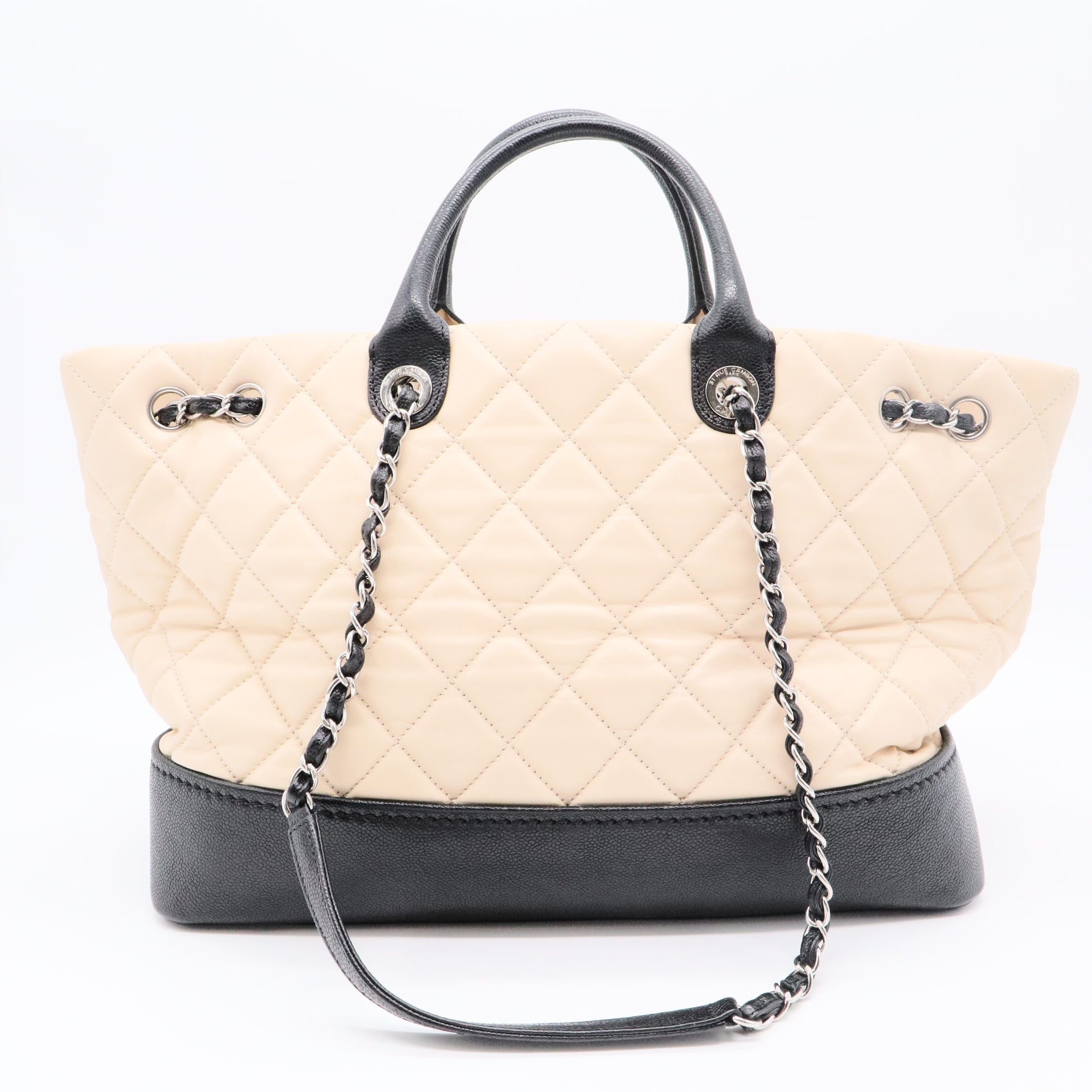 Classic black and cream leather quilted tote shoulder bag Beige