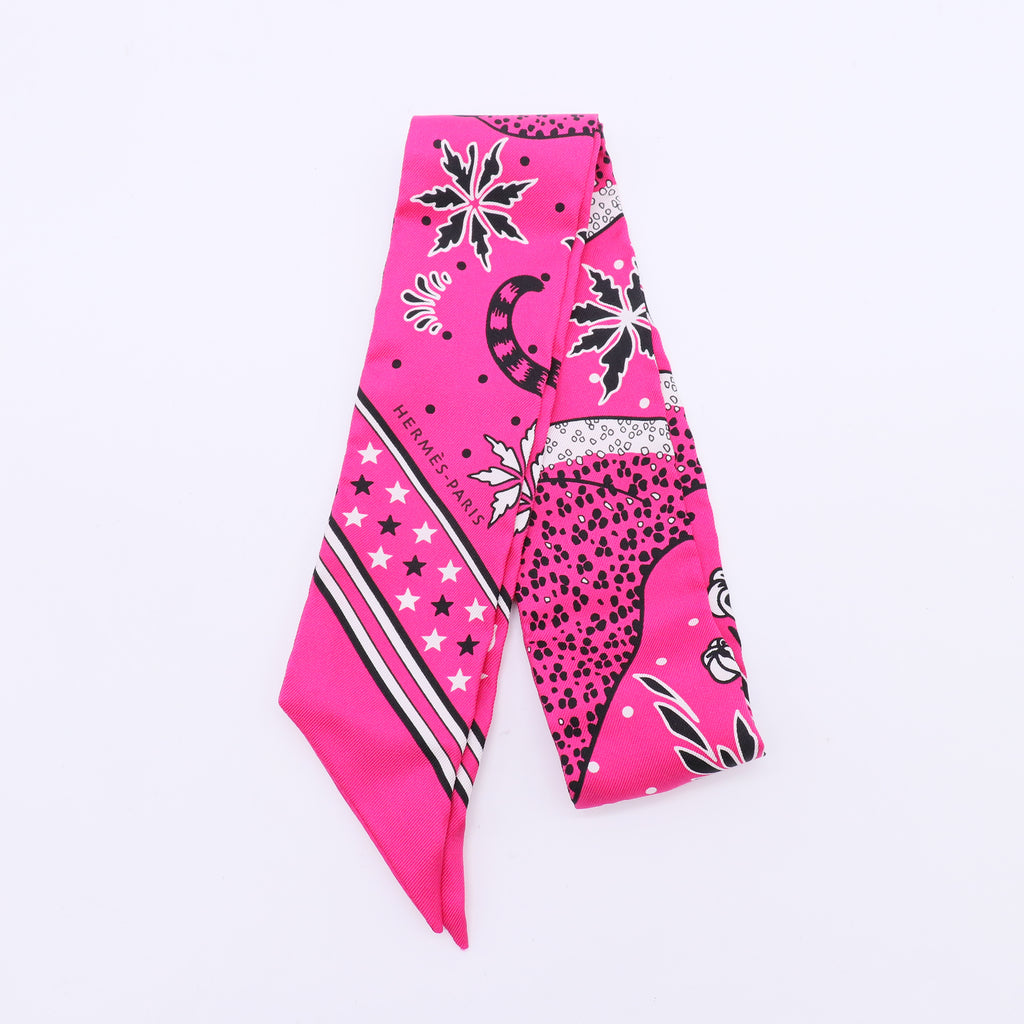 Hermès Pink Silk Panther Print Twilly W23074