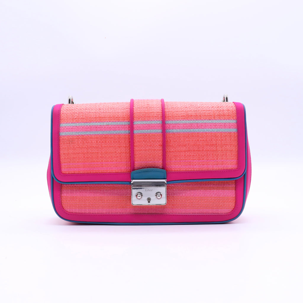 Dior Pink/Orange Raffia and Leather Miss Dior Medium Flap Bag TWINS B20968