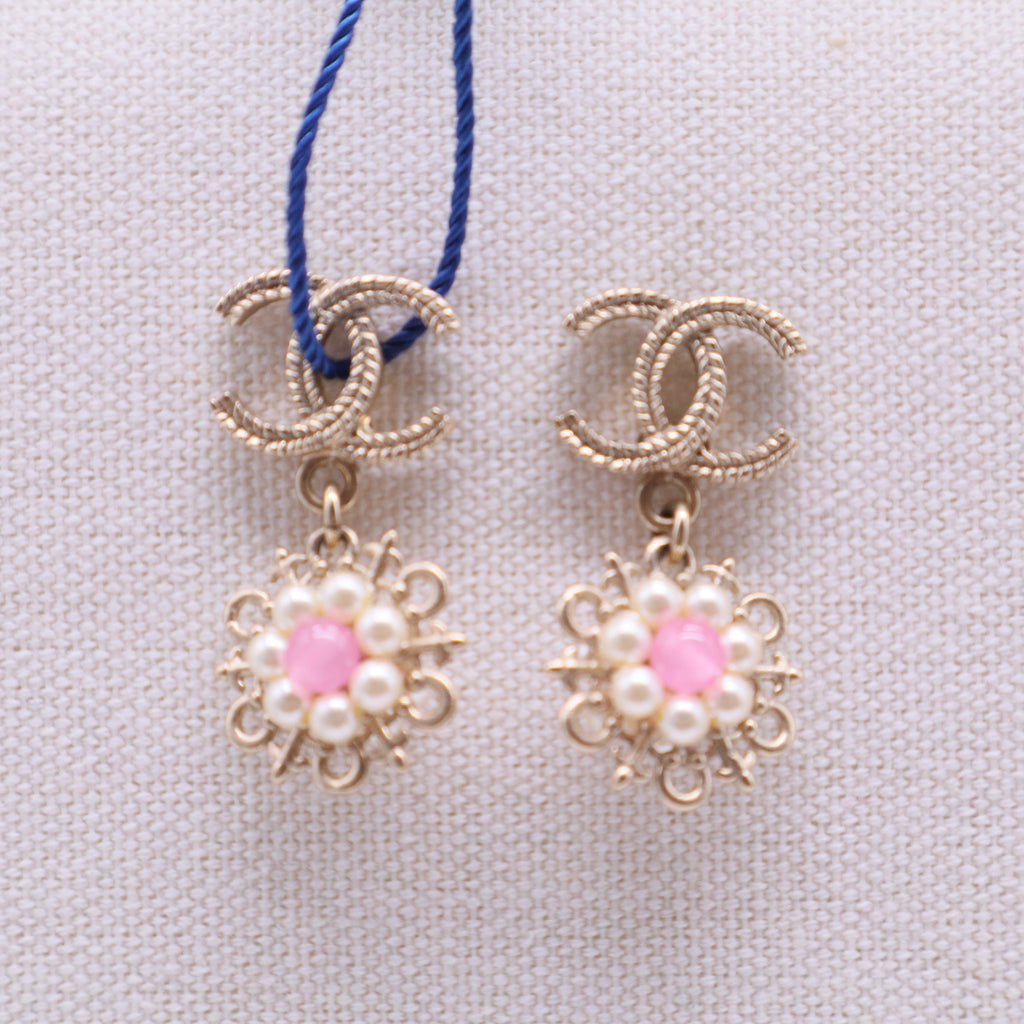 Chanel CC Flower Drop Earrings Metal with Faux Pearls and Beads Twins LDJ2861
