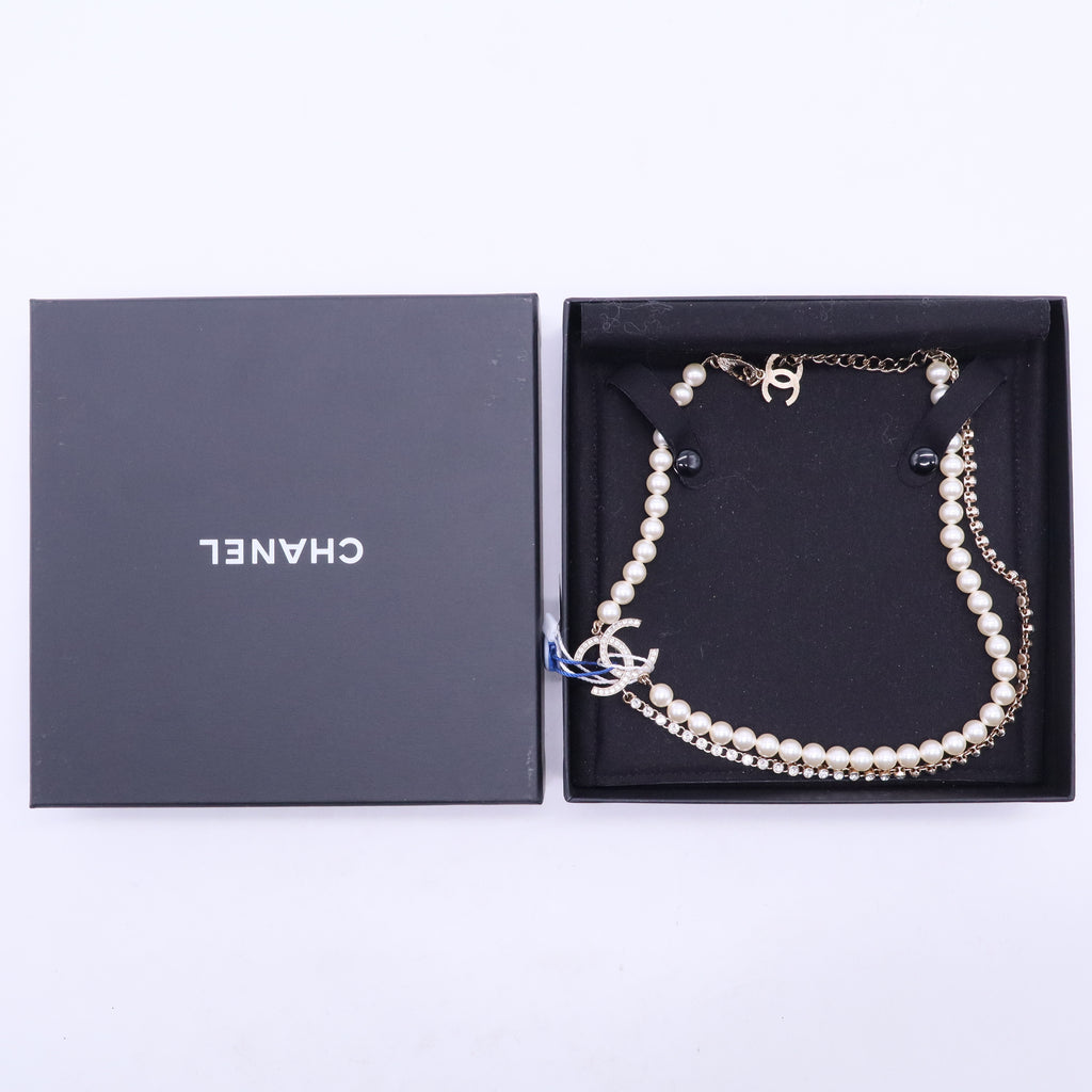 Chanel Quilted CC Double Strand Short Necklace Metal and Faux Pearls Twins LDJ2859