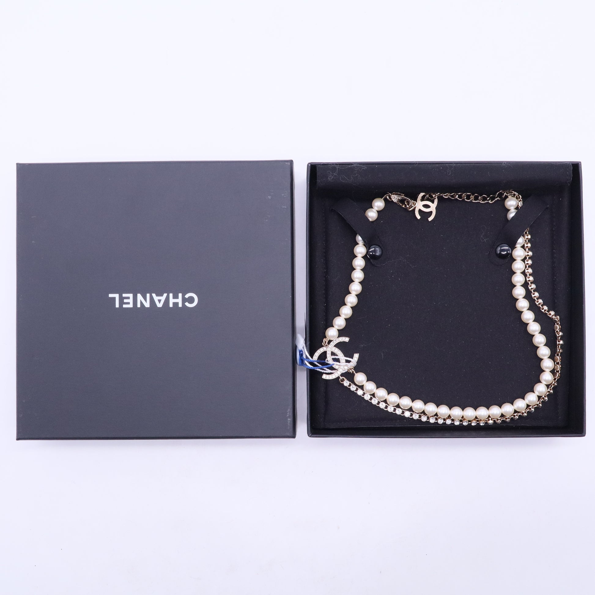 Chanel Quilted CC Double Strand Short Necklace Metal and Faux Pearls Twins LDJ2859